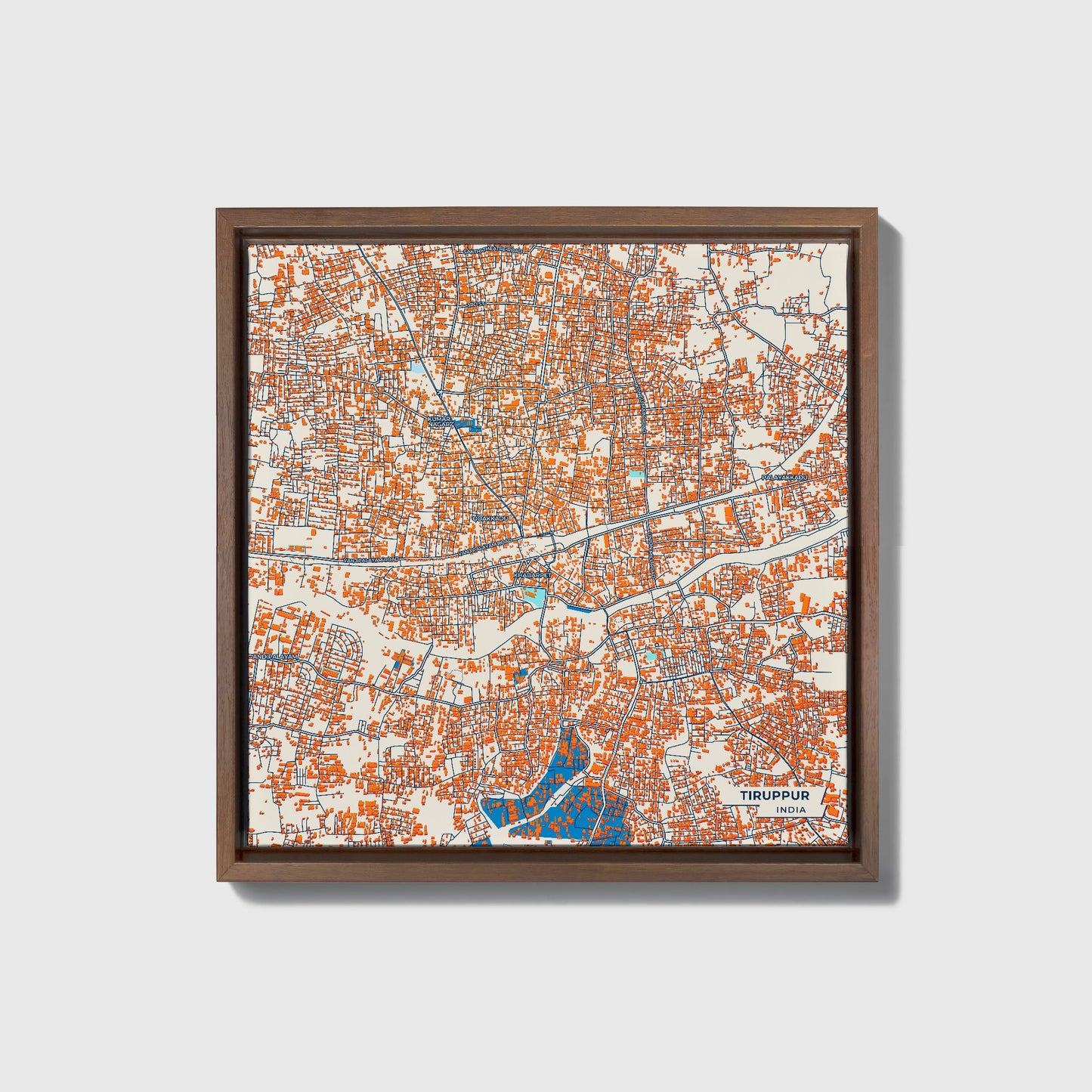 Tiruppur India Colorful City Map Canvas Print • Dark Wooden Framed