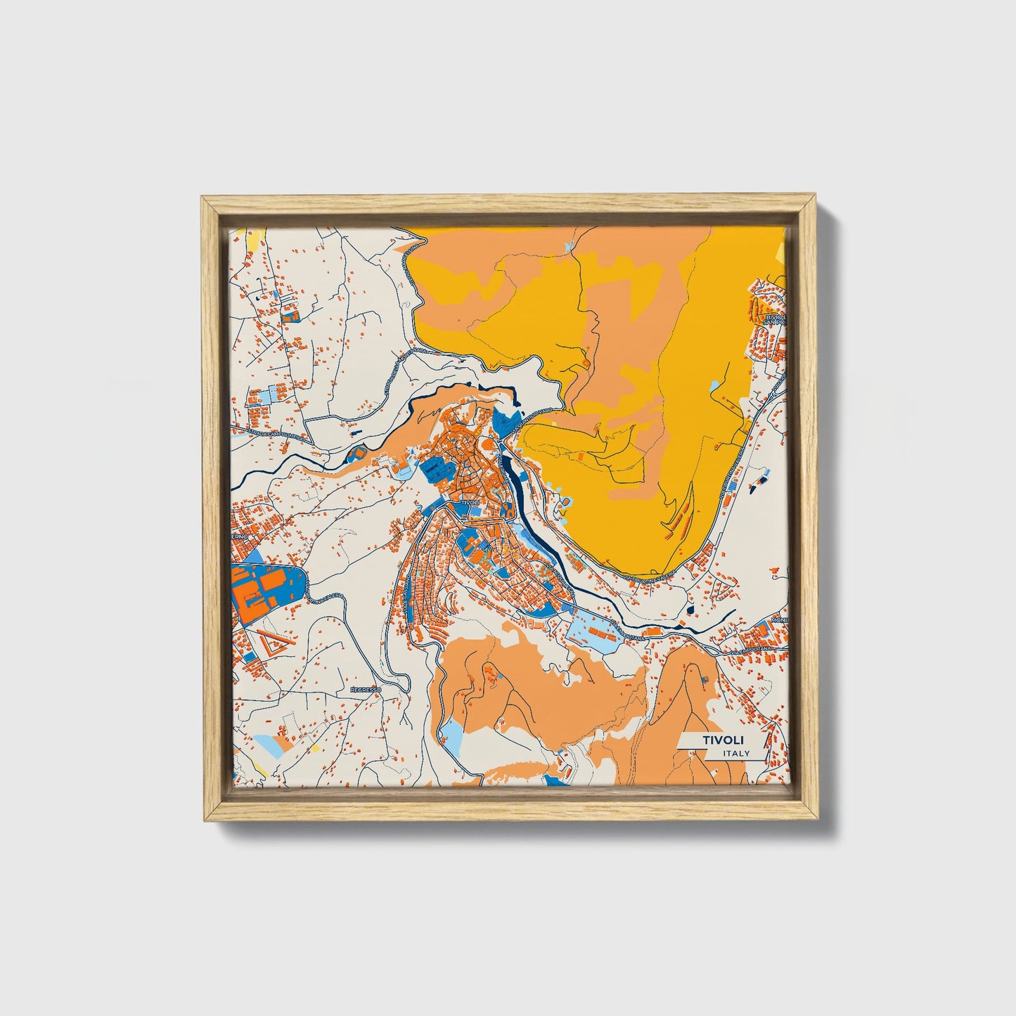 Tivoli Italy Colorful City Map Canvas Print • Natural Wooden Framed