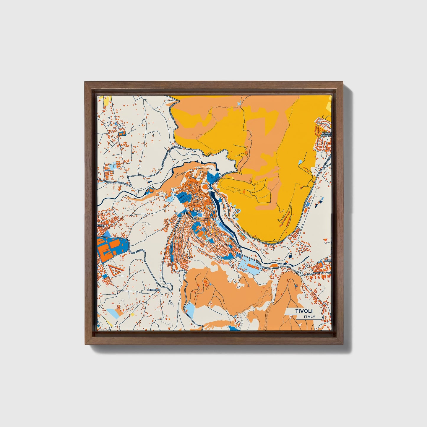 Tivoli Italy Colorful City Map Canvas Print • Dark Wooden Framed
