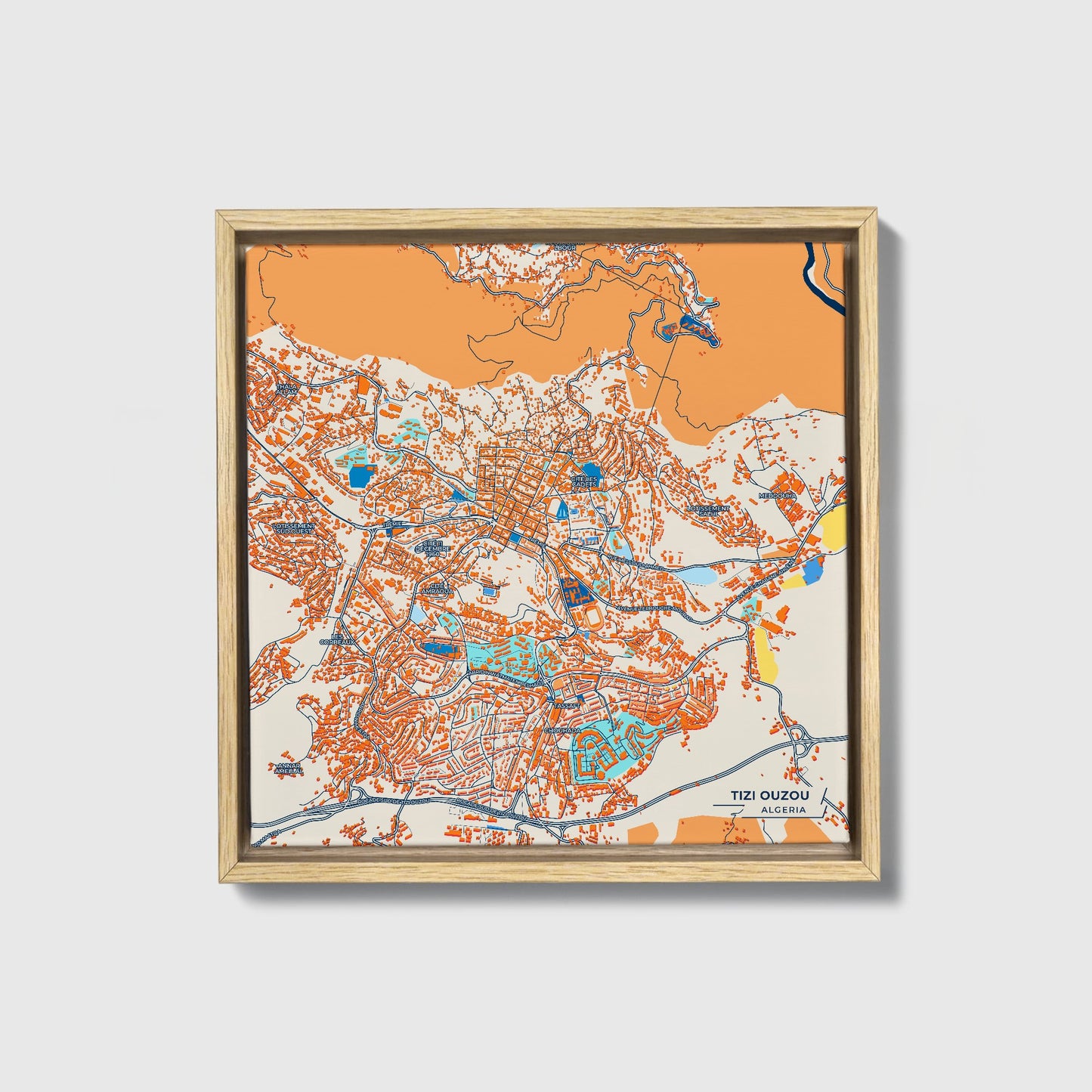 Tizi Ouzou Algeria Colorful City Map Canvas Print • Natural Wooden Framed