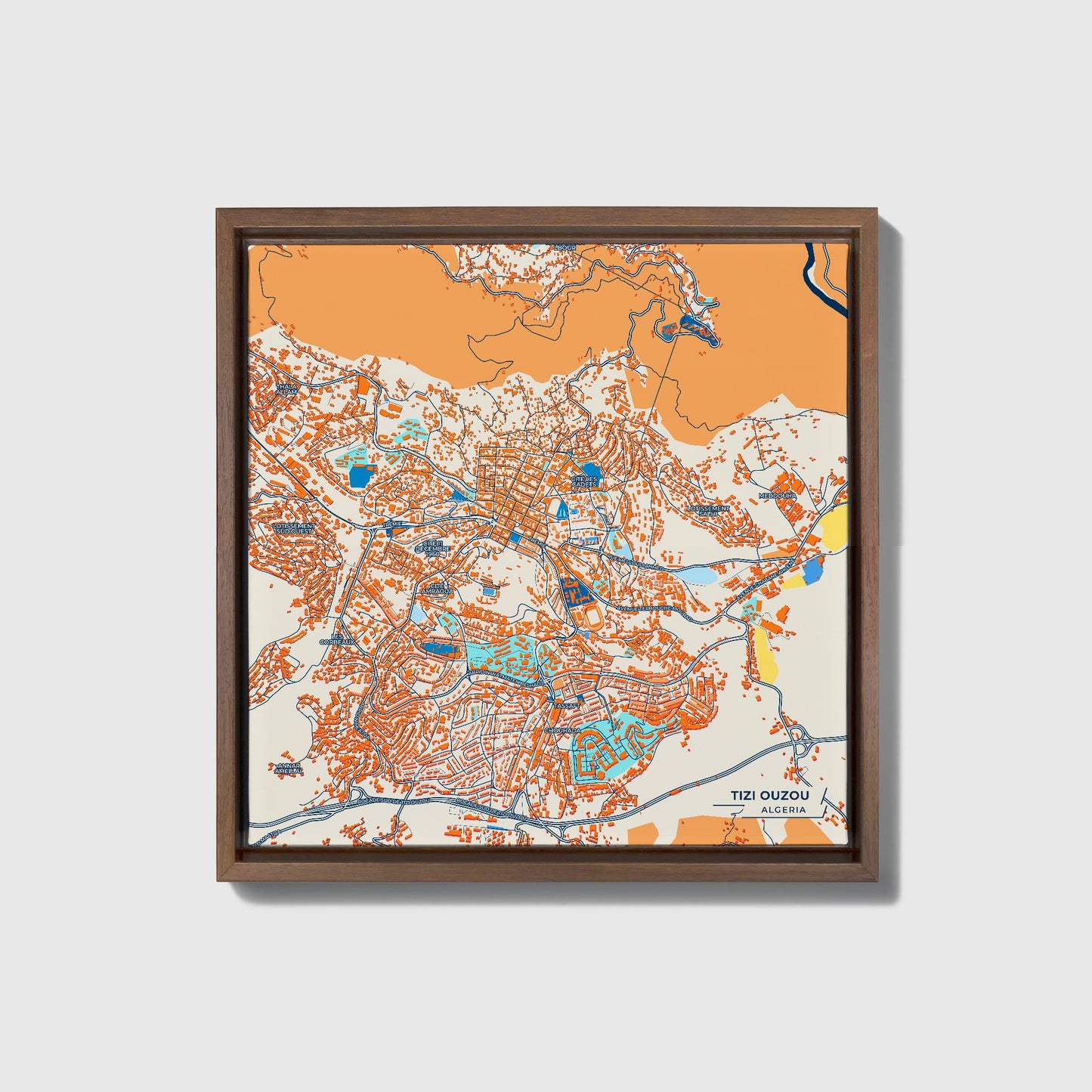 Tizi Ouzou Algeria Colorful City Map Canvas Print • Dark Wooden Framed