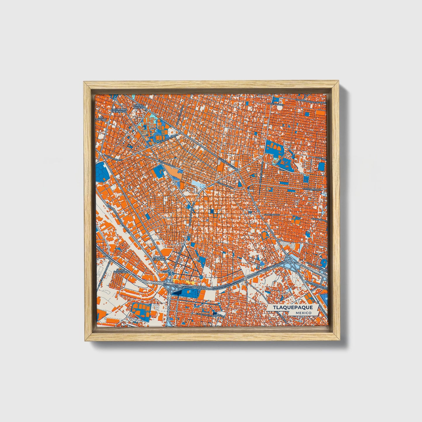 Tlaquepaque Mexico Colorful City Map Canvas Print • Natural Wooden Framed