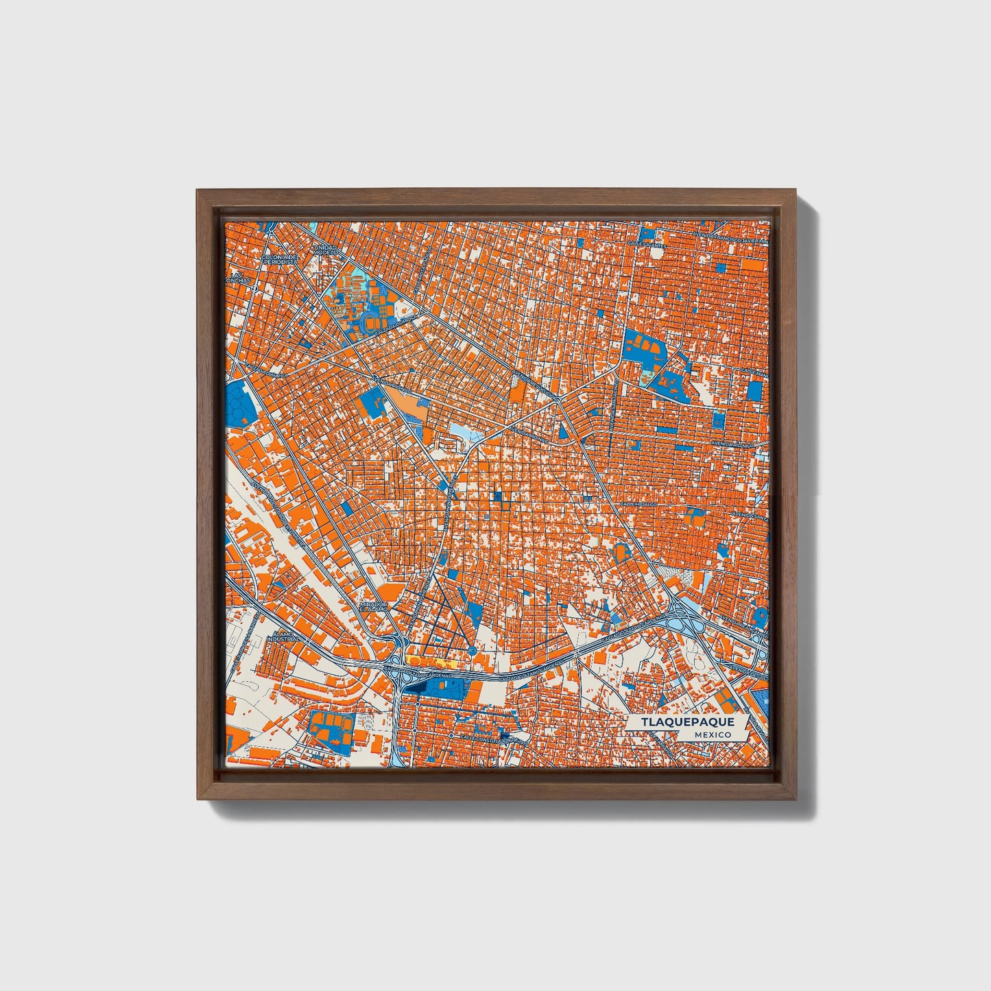 Tlaquepaque Mexico Colorful City Map Canvas Print • Dark Wooden Framed