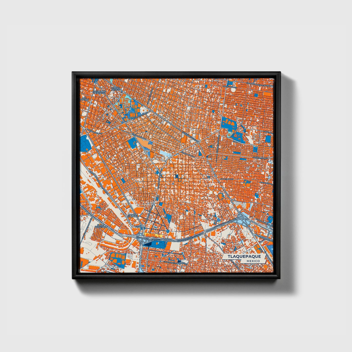 Tlaquepaque Mexico Colorful City Map Canvas Print • Black Framed