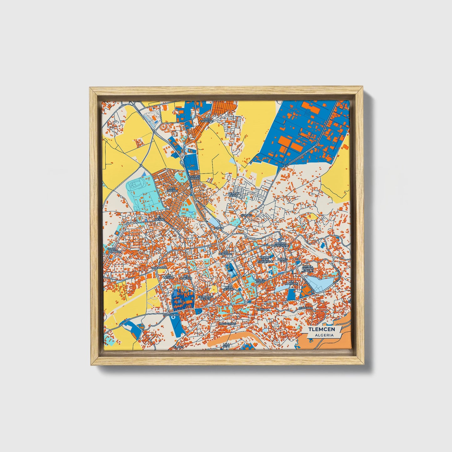 Tlemcen Algeria Colorful City Map Canvas Print • Natural Wooden Framed