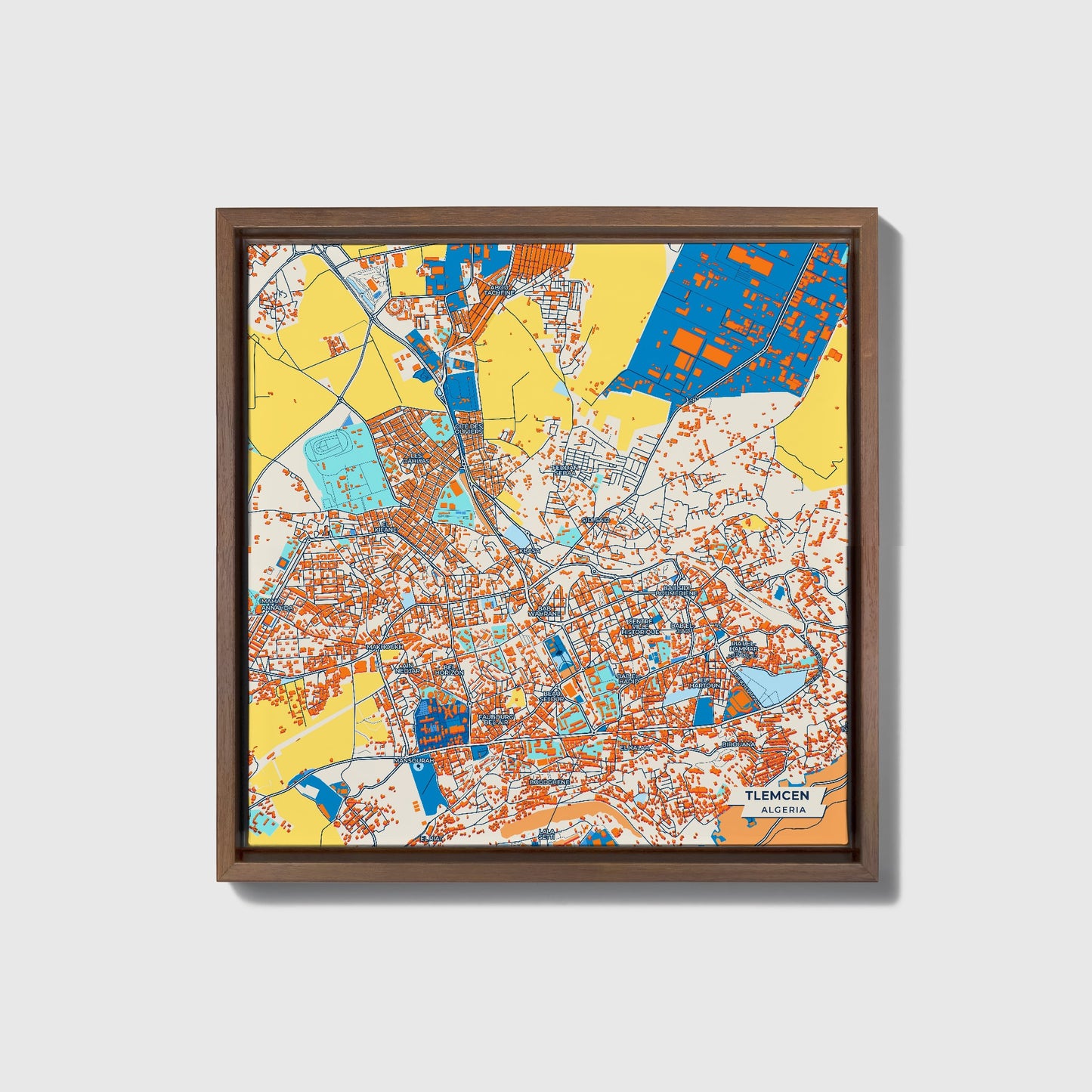 Tlemcen Algeria Colorful City Map Canvas Print • Dark Wooden Framed