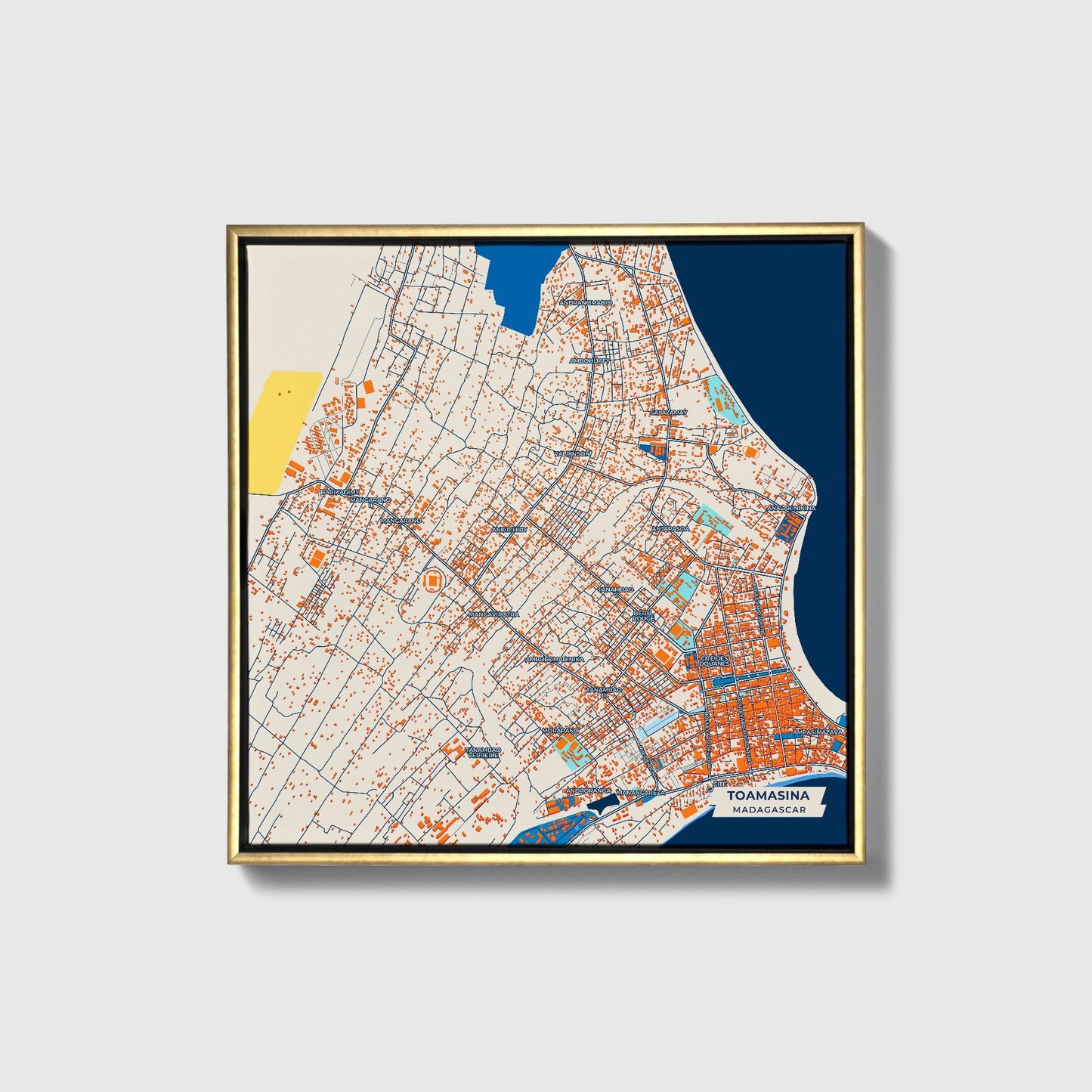 Toamasina Madagascar Colorful City Map Canvas Print • Gold Framed