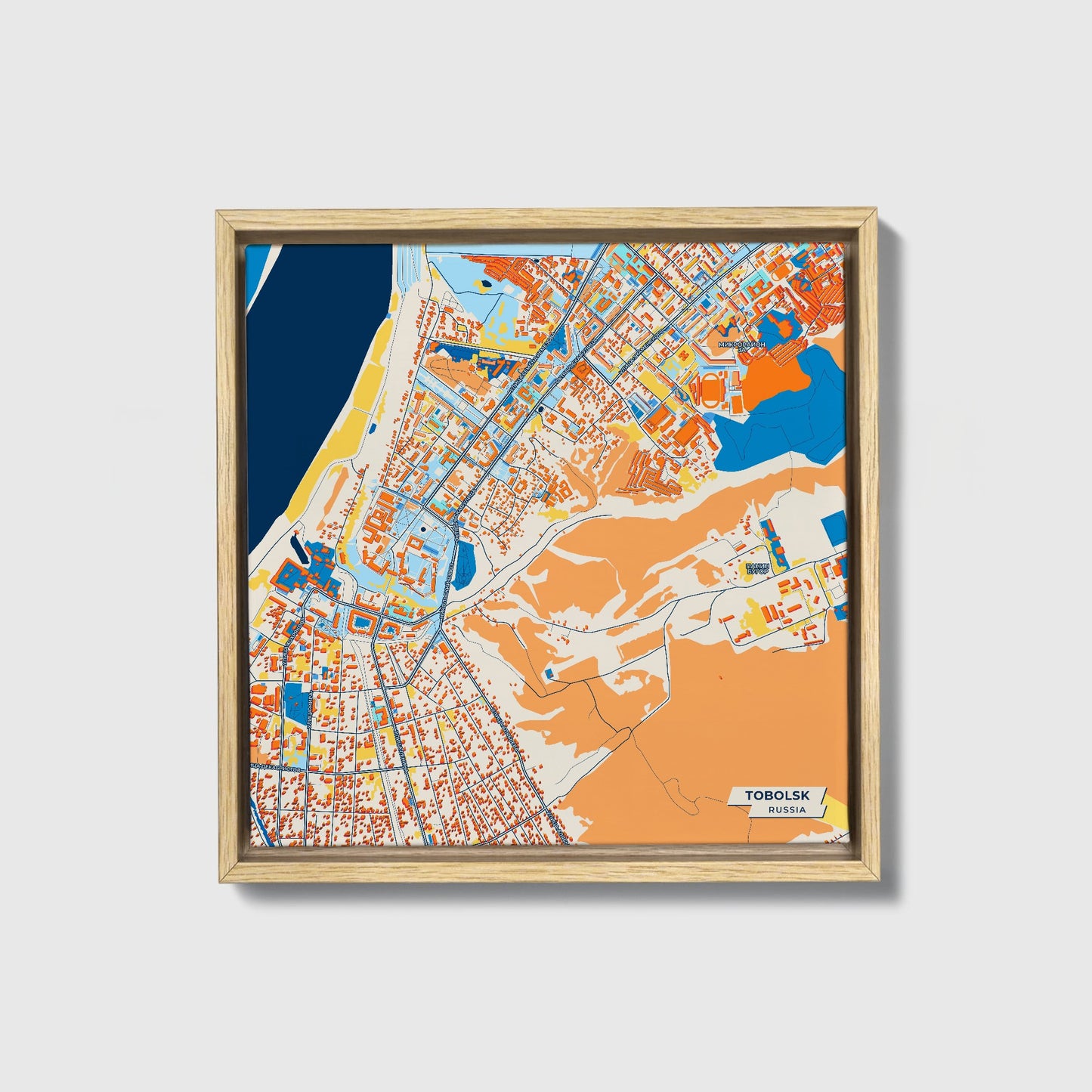 Тобольск Russia Colorful City Map Canvas Print • Natural Wooden Framed