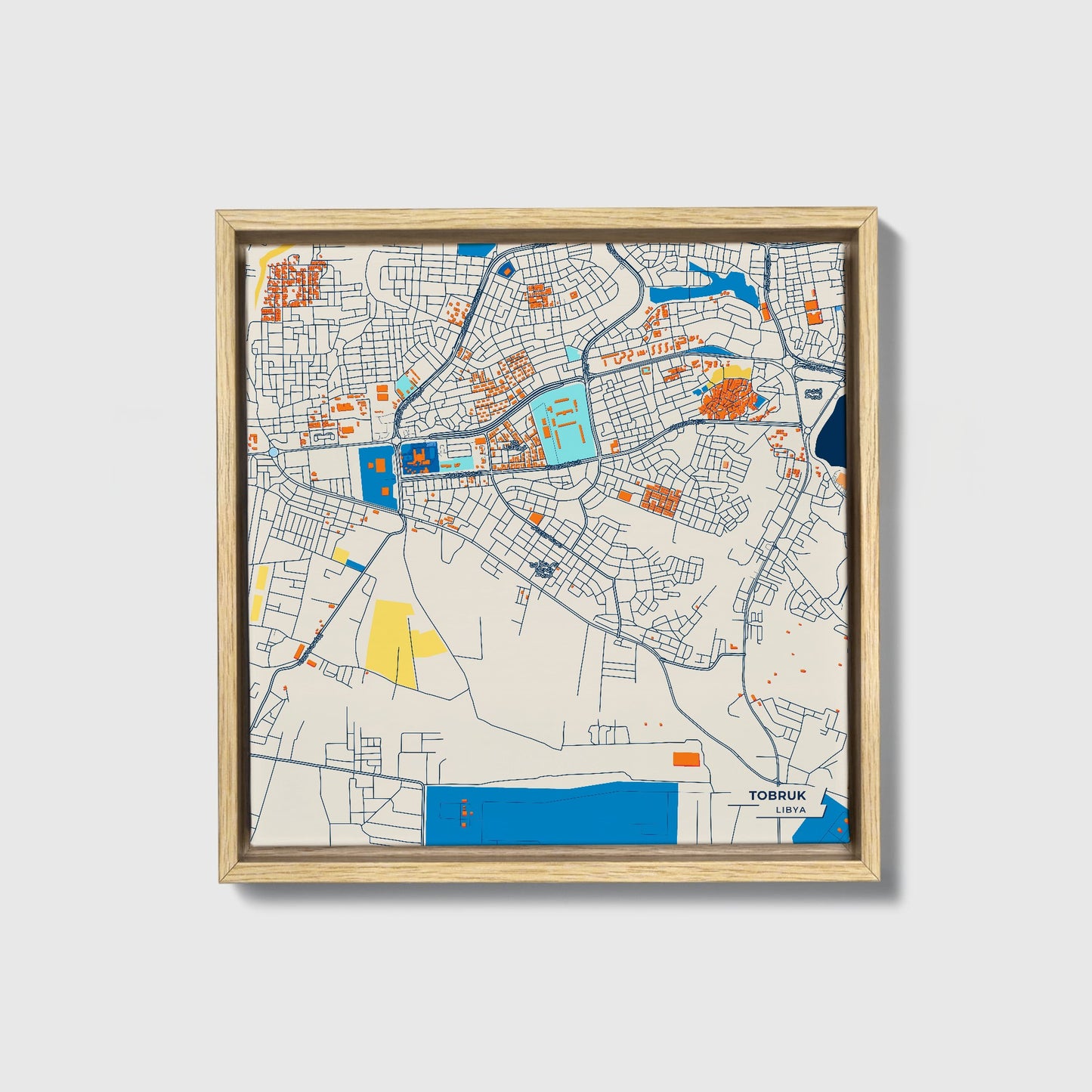 Tobruk Libya Colorful City Map Canvas Print • Natural Wooden Framed
