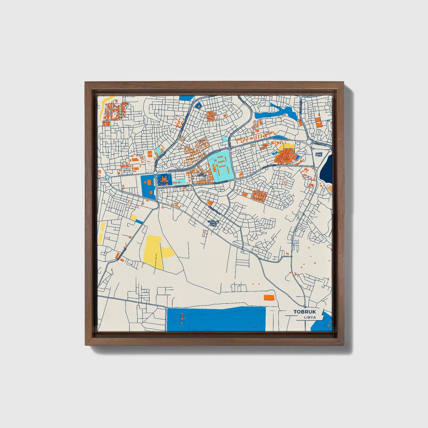 Tobruk Libya Colorful City Map Canvas Print • Dark Wooden Framed