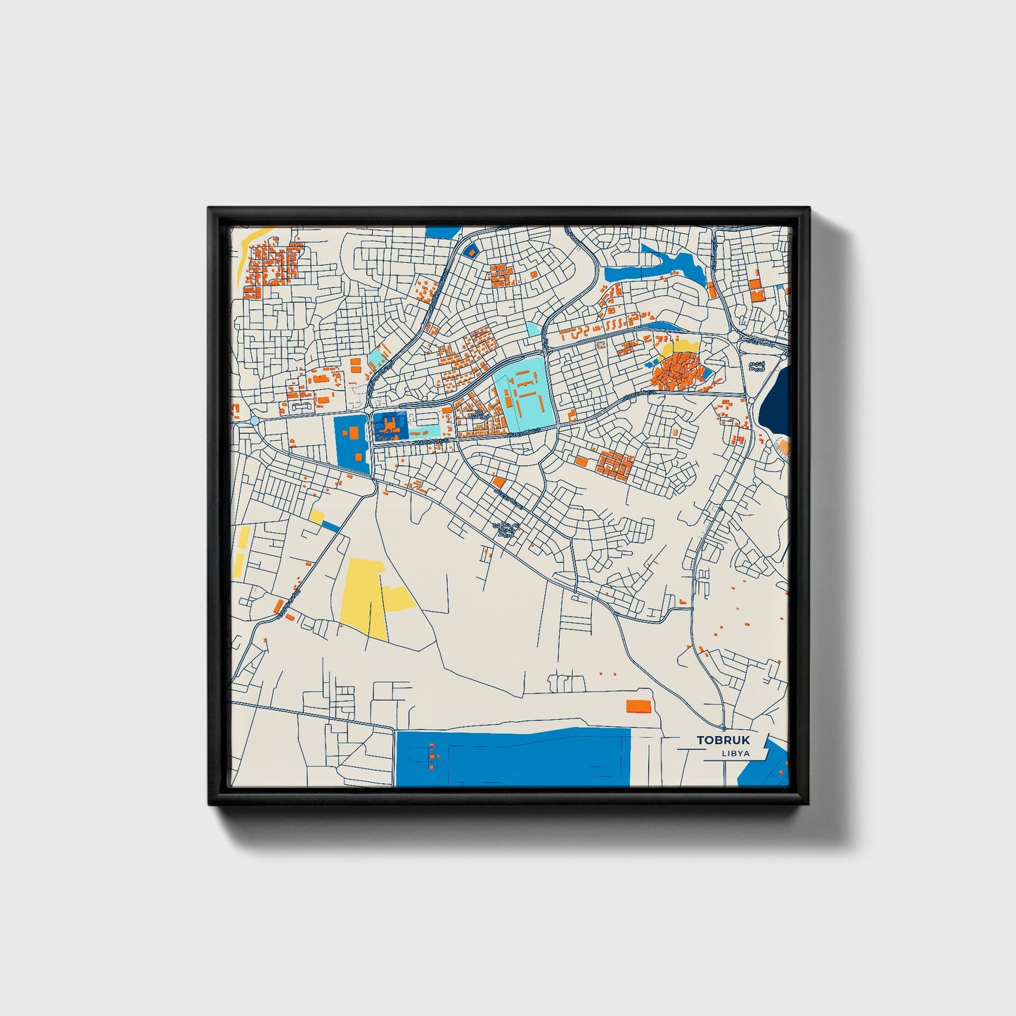 Tobruk Libya Colorful City Map Canvas Print • Black Framed