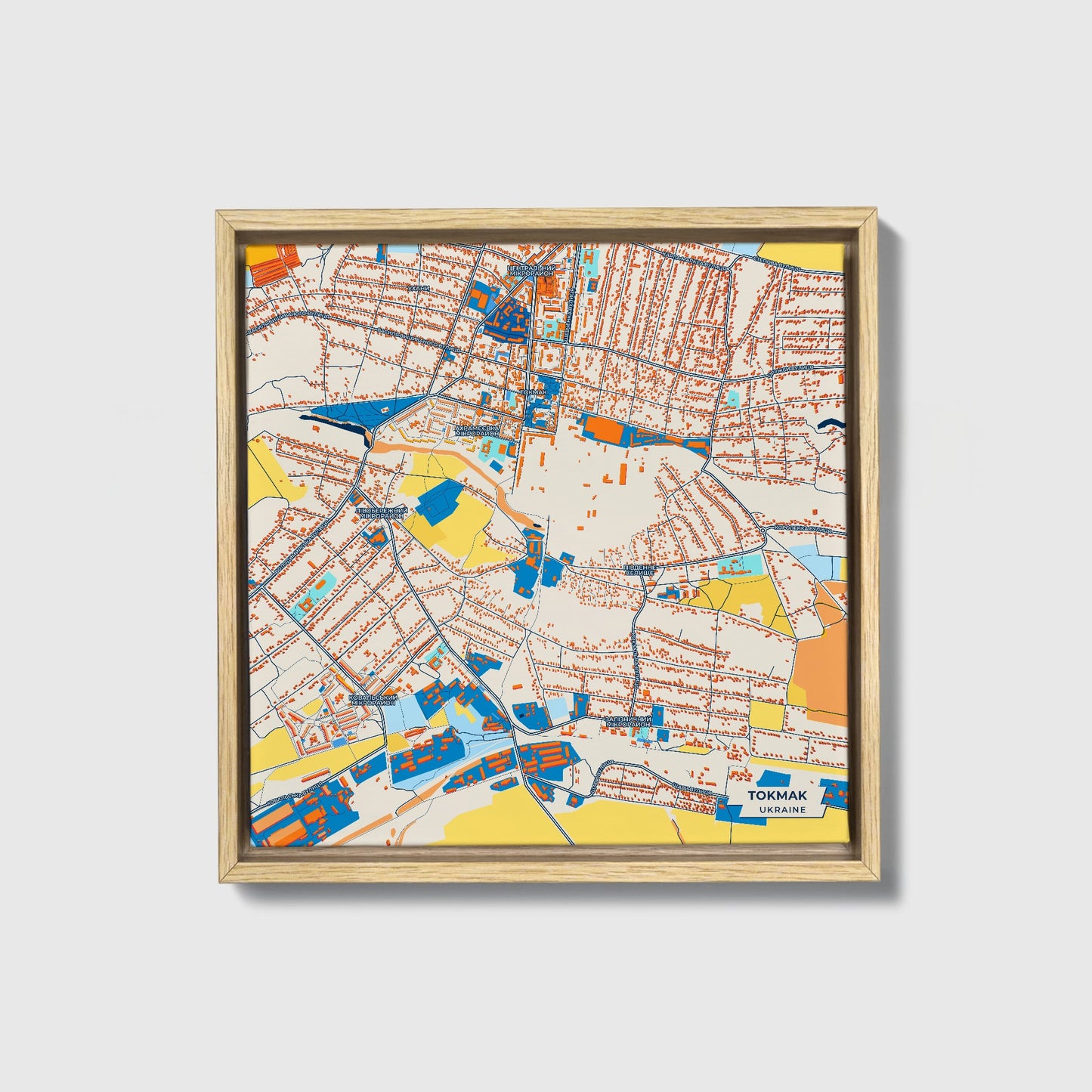 Токмак Ukraine Colorful City Map Canvas Print • Natural Wooden Framed