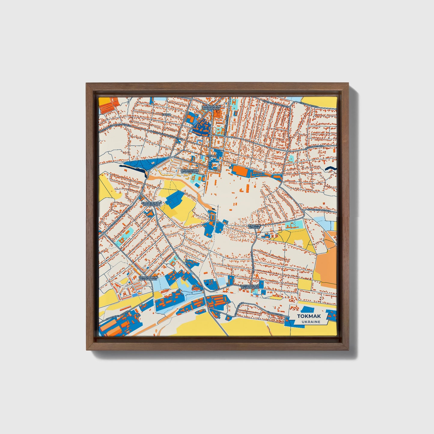 Токмак Ukraine Colorful City Map Canvas Print • Dark Wooden Framed