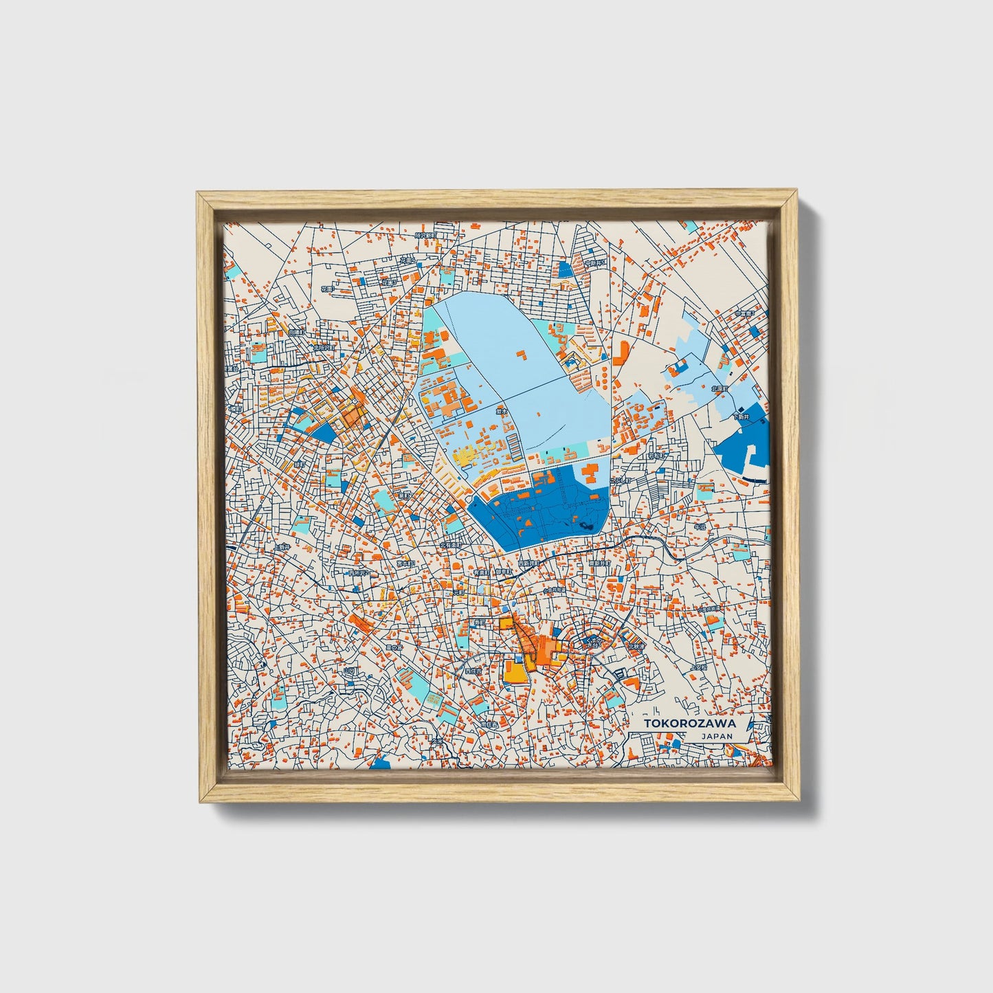 Tokorozawa Japan Colorful City Map Canvas Print • Natural Wooden Framed