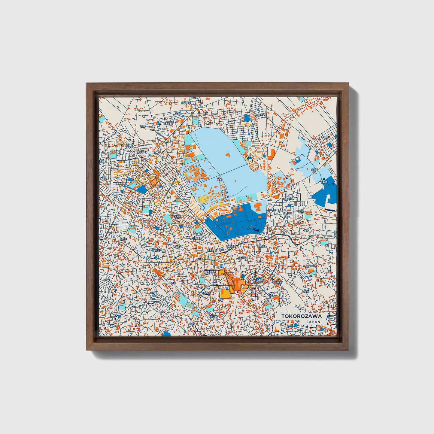 Tokorozawa Japan Colorful City Map Canvas Print • Dark Wooden Framed