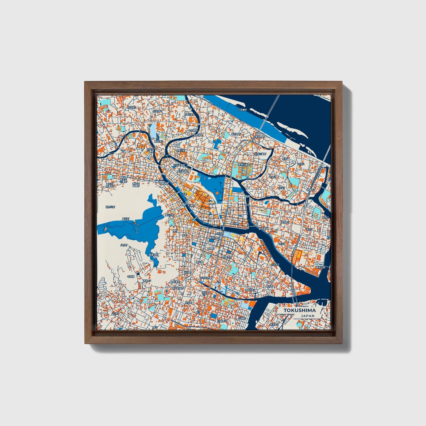 Tokushima Japan Colorful City Map Canvas Print • Dark Wooden Framed