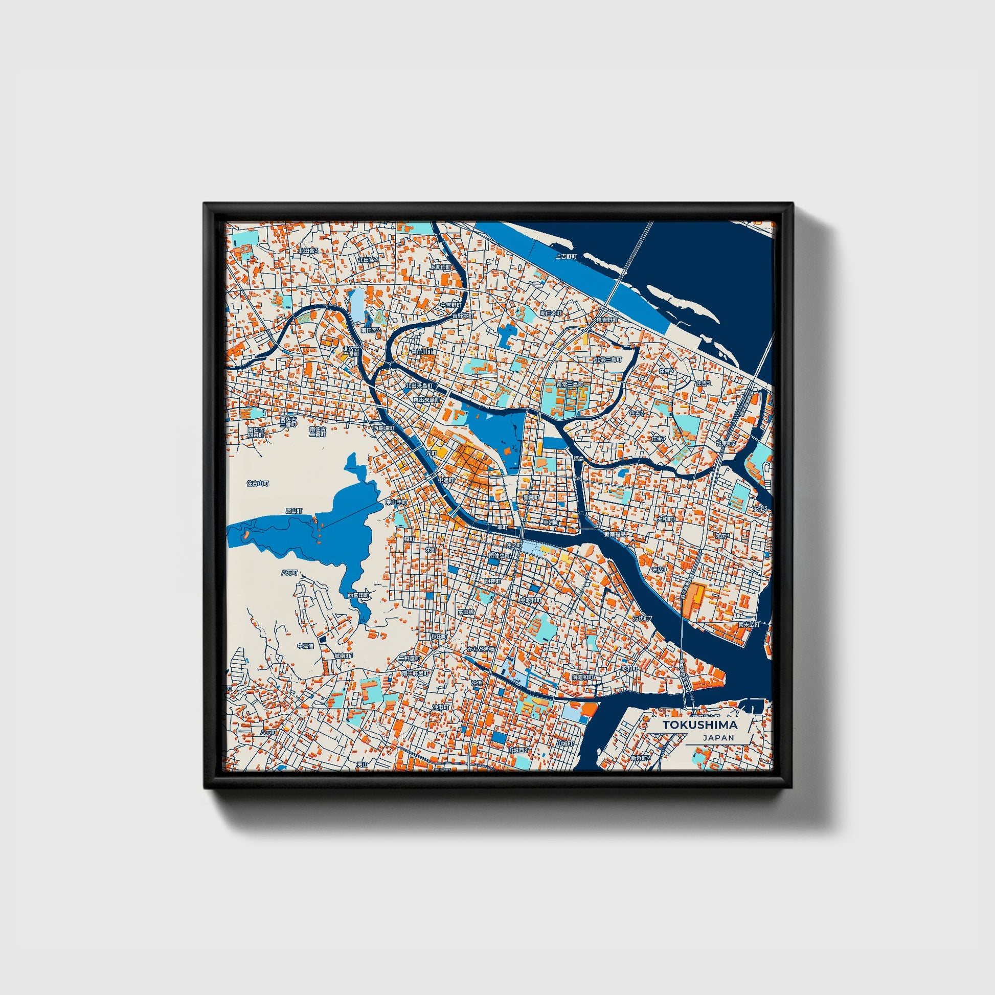 Tokushima Japan Colorful City Map Canvas Print • Black Framed