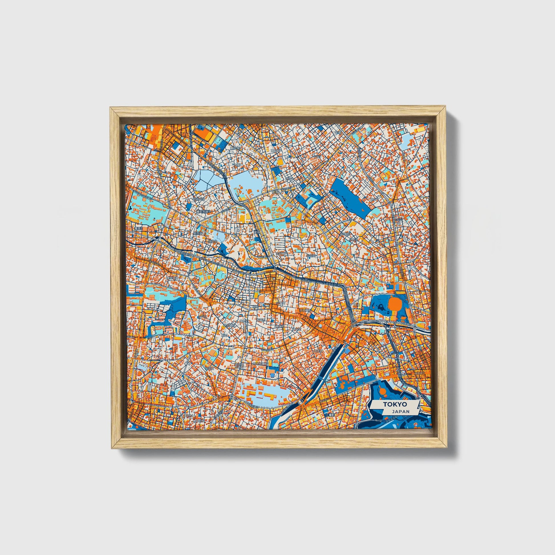 Tokyo Japan Colorful City Map Canvas Print • Natural Wooden Framed