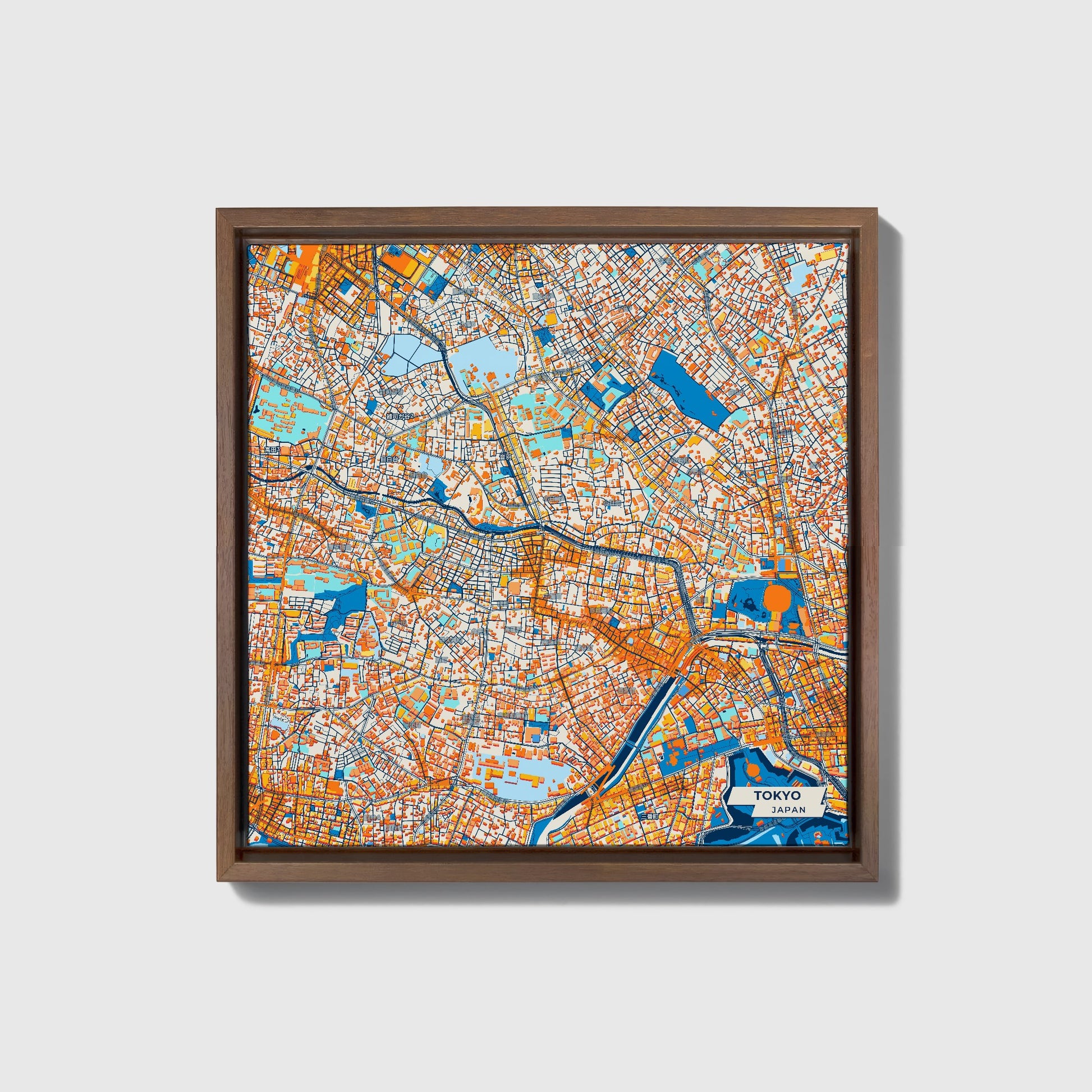 Tokyo Japan Colorful City Map Canvas Print • Dark Wooden Framed
