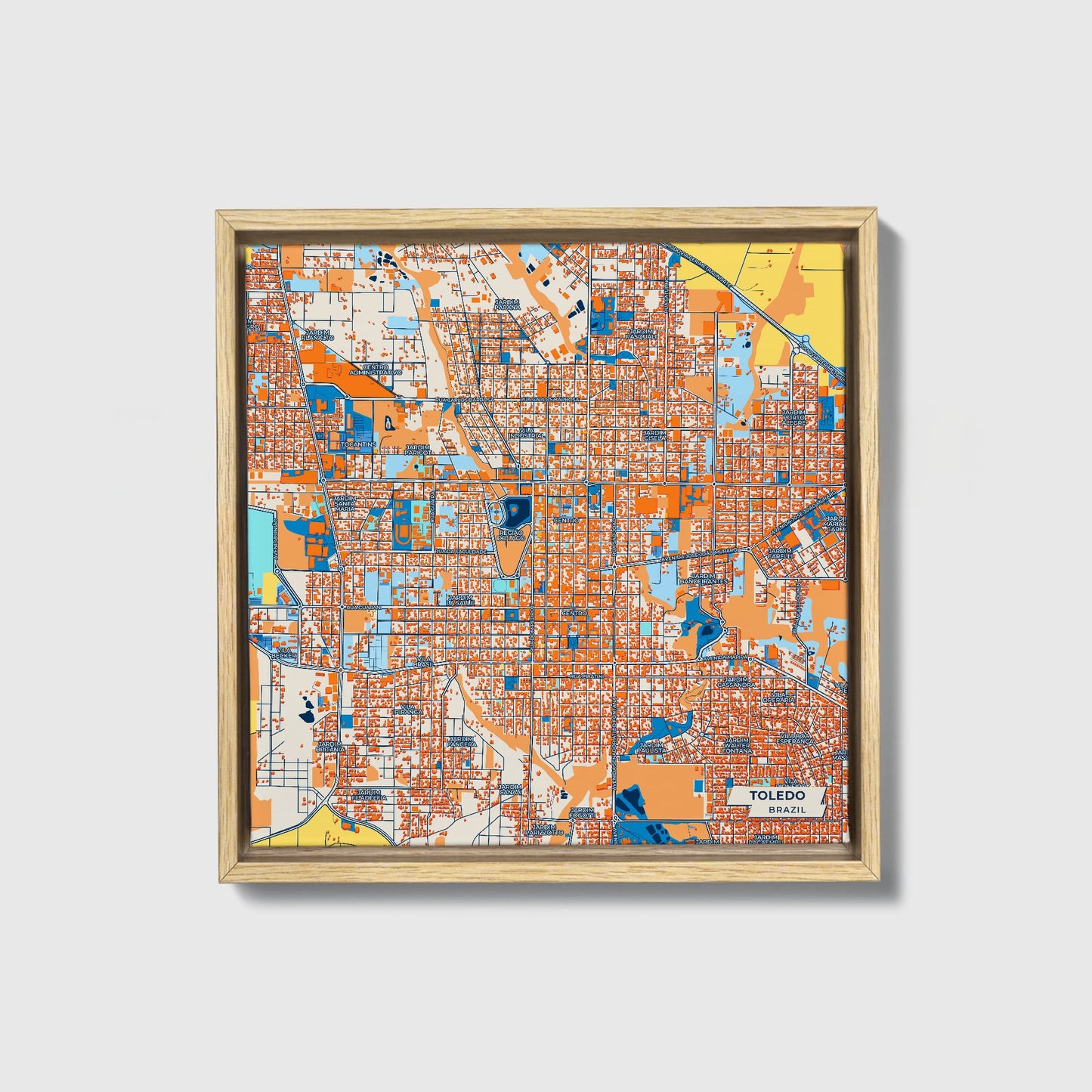Toledo Brazil Colorful City Map Canvas Print • Natural Wooden Framed