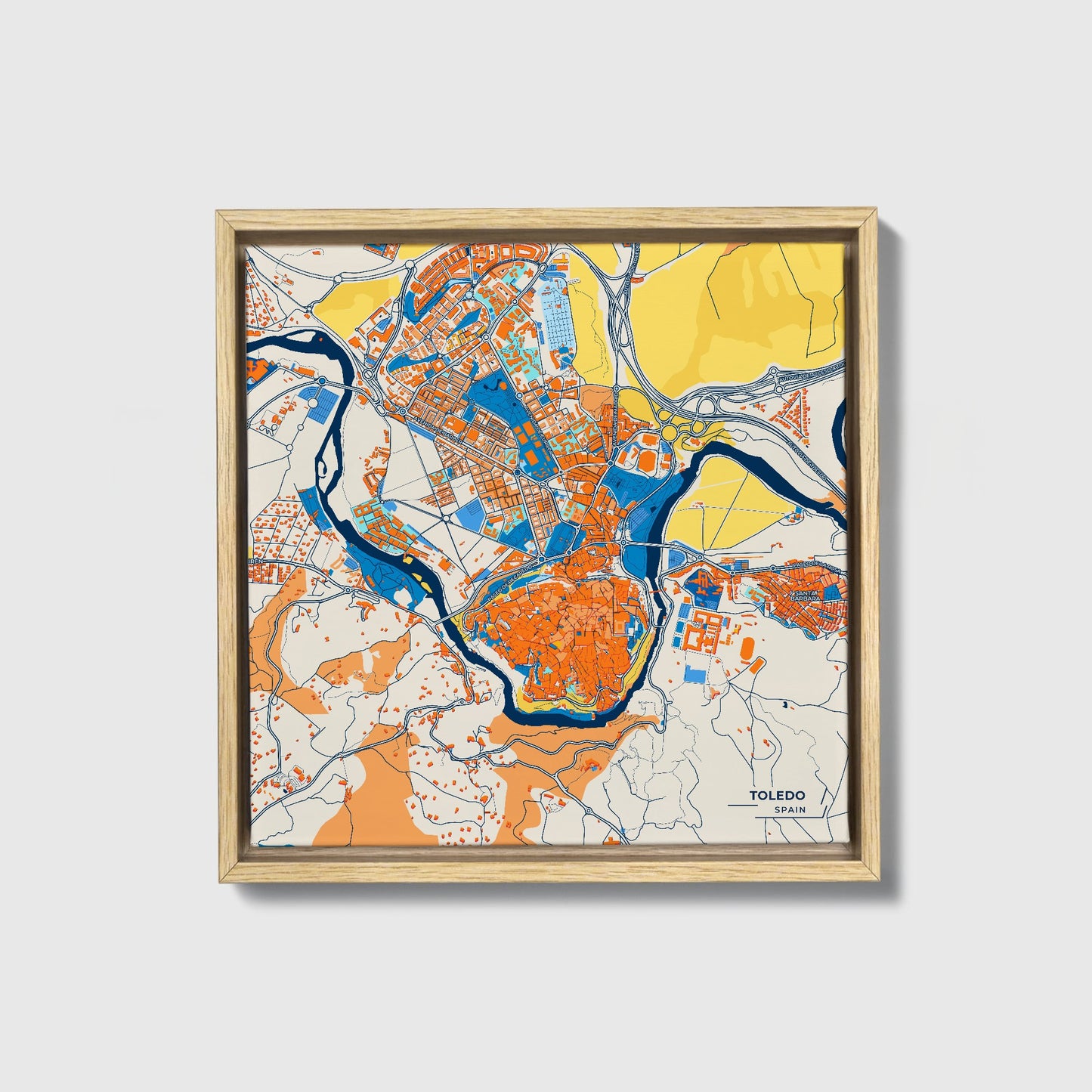 Toledo Spain Colorful City Map Canvas Print • Natural Wooden Framed