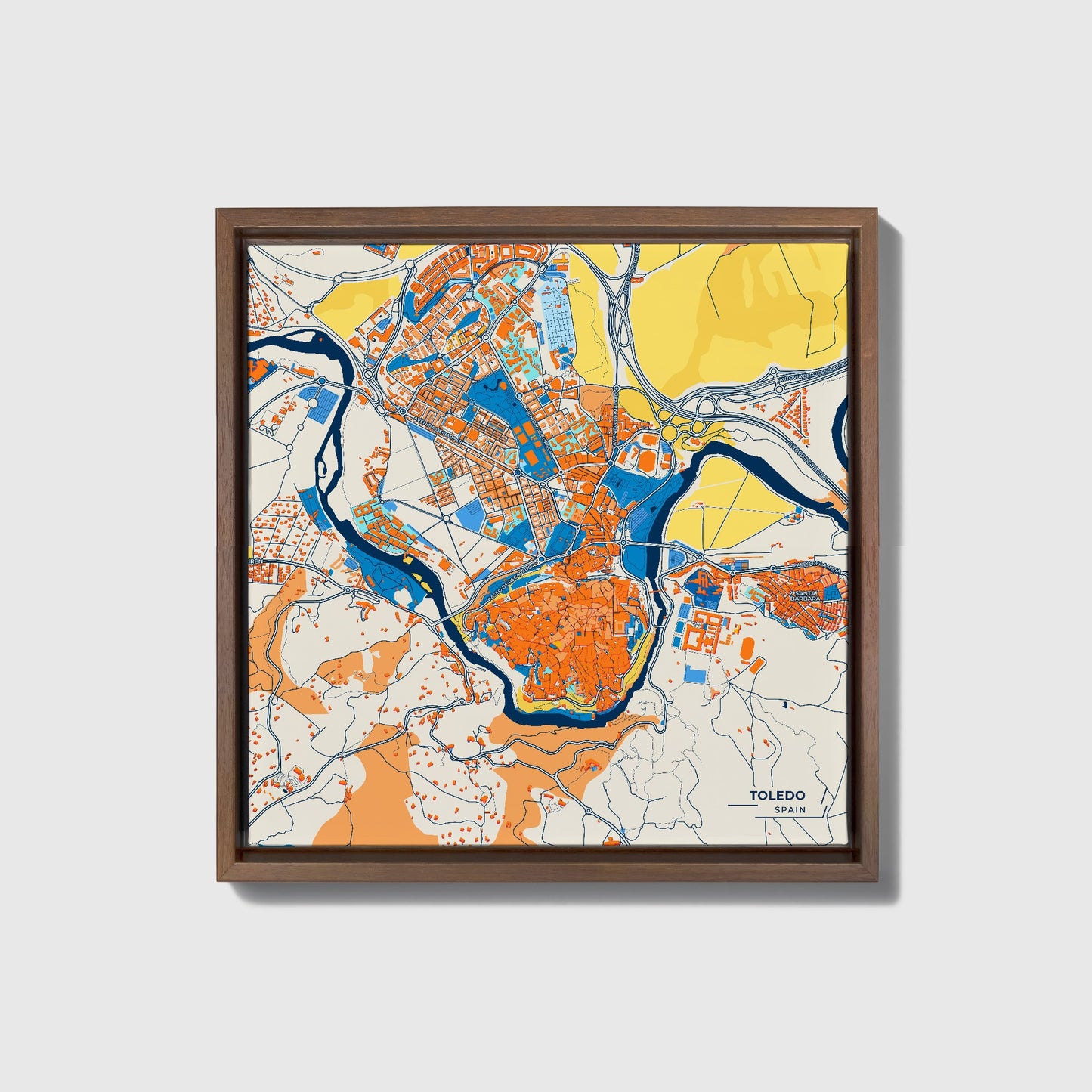 Toledo Spain Colorful City Map Canvas Print • Dark Wooden Framed
