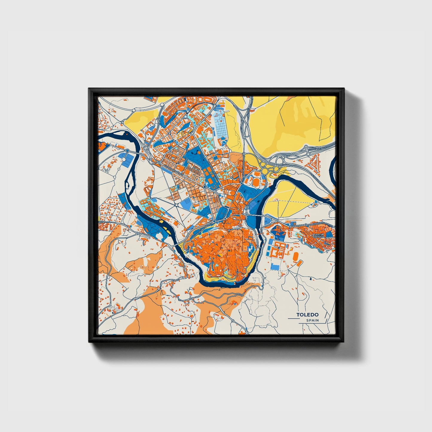 Toledo Spain Colorful City Map Canvas Print • Black Framed