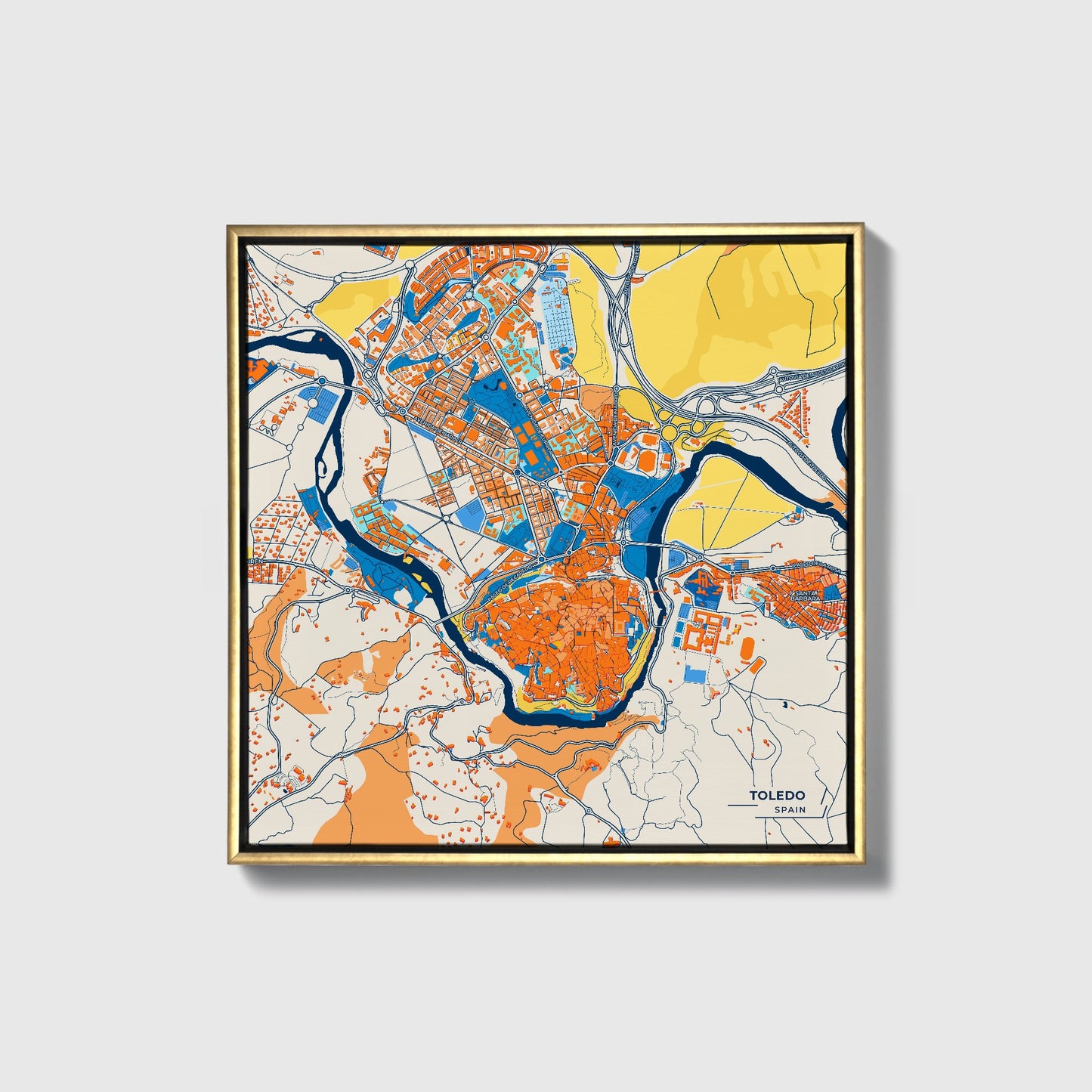 Toledo Spain Colorful City Map Canvas Print • Gold Framed