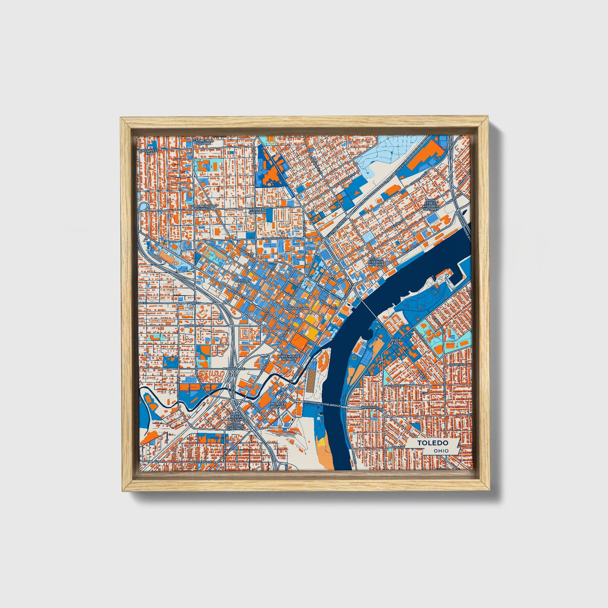 Toledo Ohio Colorful City Map Canvas Print • Natural Wooden Framed