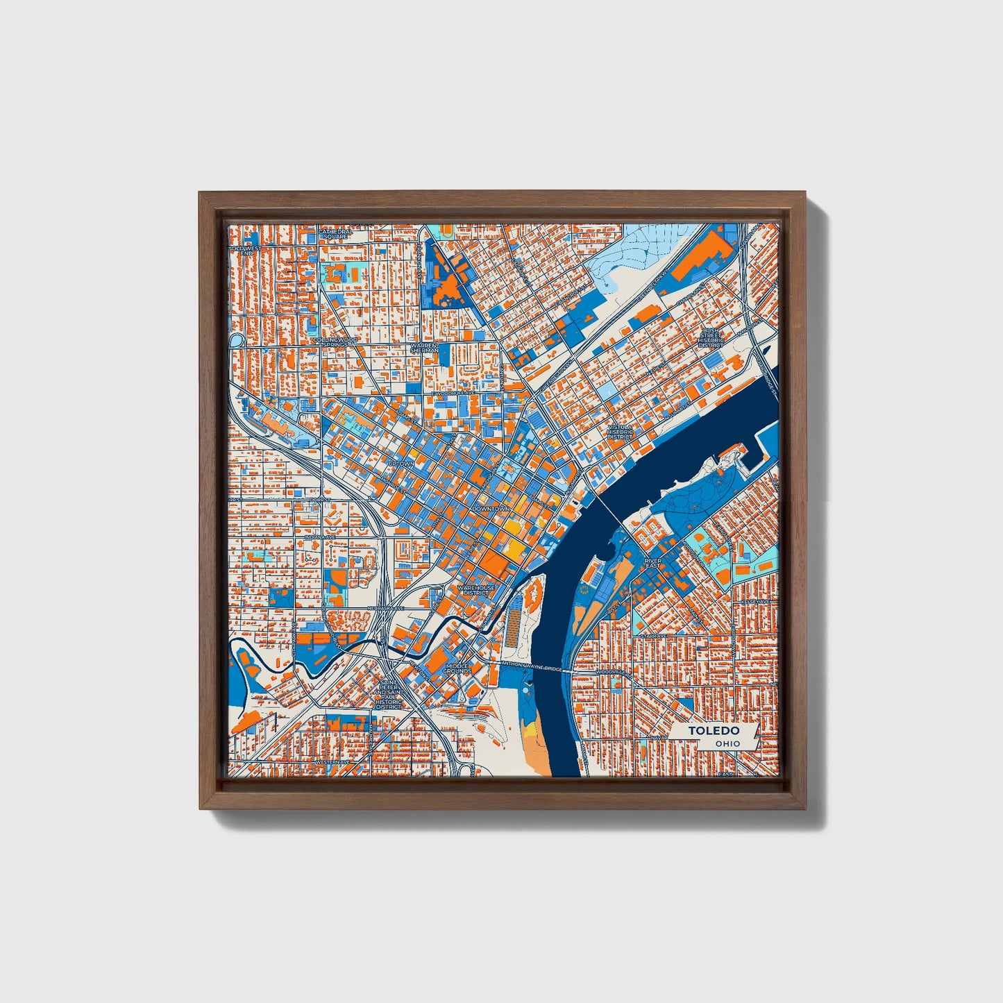 Toledo Ohio Colorful City Map Canvas Print • Dark Wooden Framed
