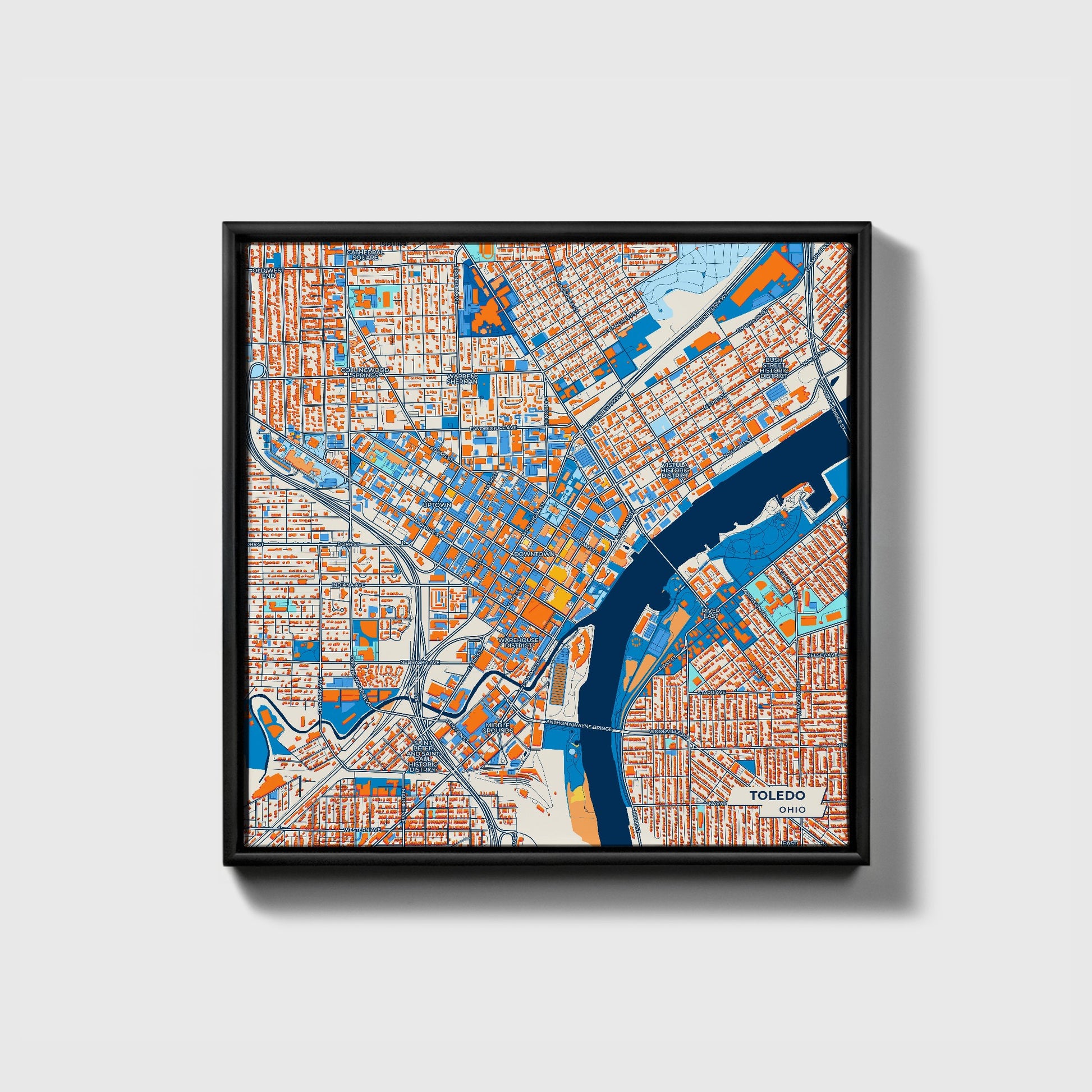 Toledo Ohio Colorful City Map Canvas Print • Black Framed