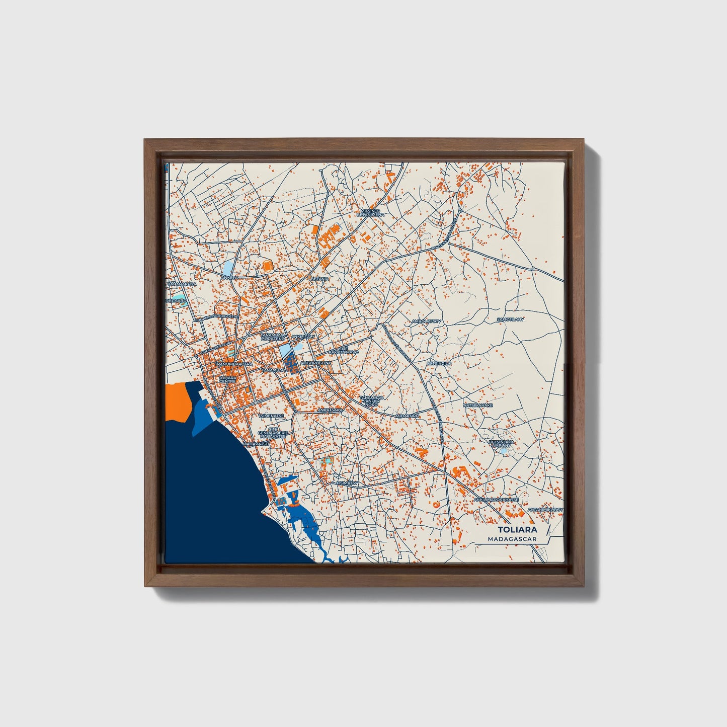 Toliara Madagascar Colorful City Map Canvas Print • Dark Wooden Framed
