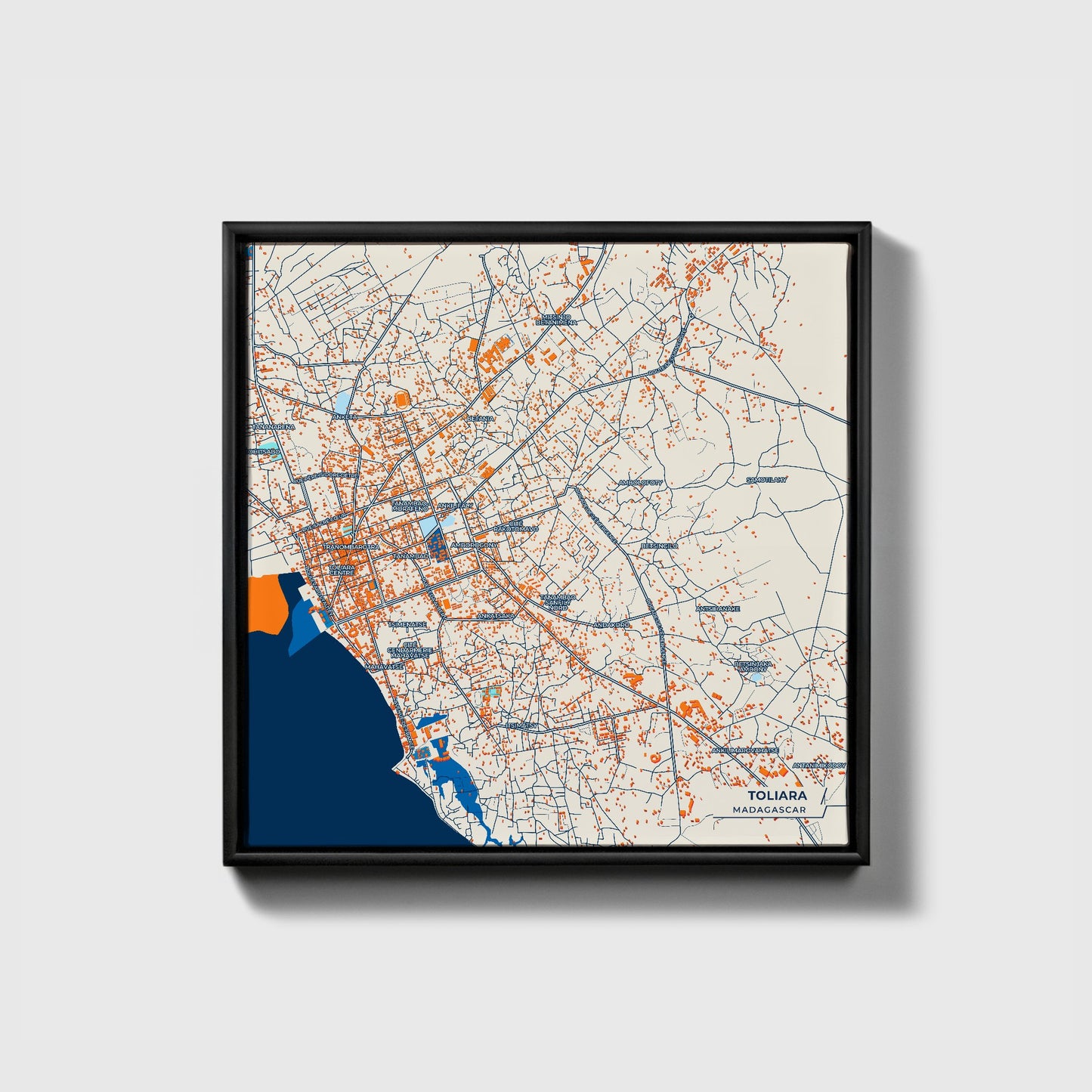 Toliara Madagascar Colorful City Map Canvas Print • Black Framed