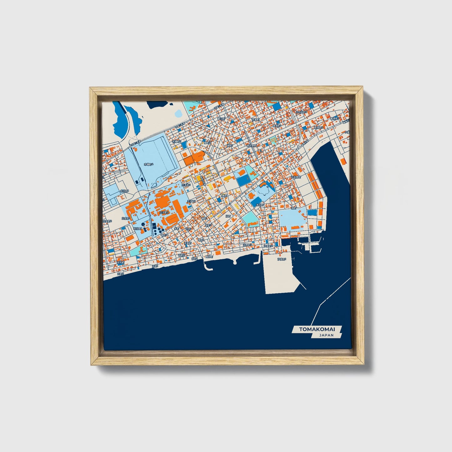 Tomakomai Japan Colorful City Map Canvas Print • Natural Wooden Framed