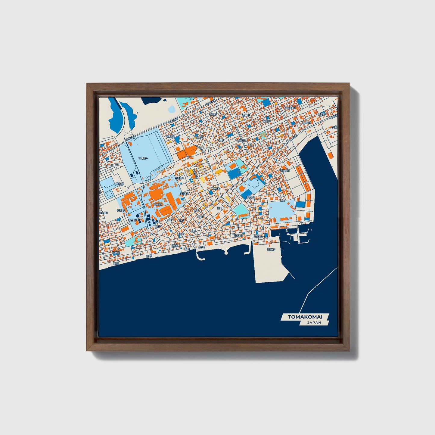 Tomakomai Japan Colorful City Map Canvas Print • Dark Wooden Framed