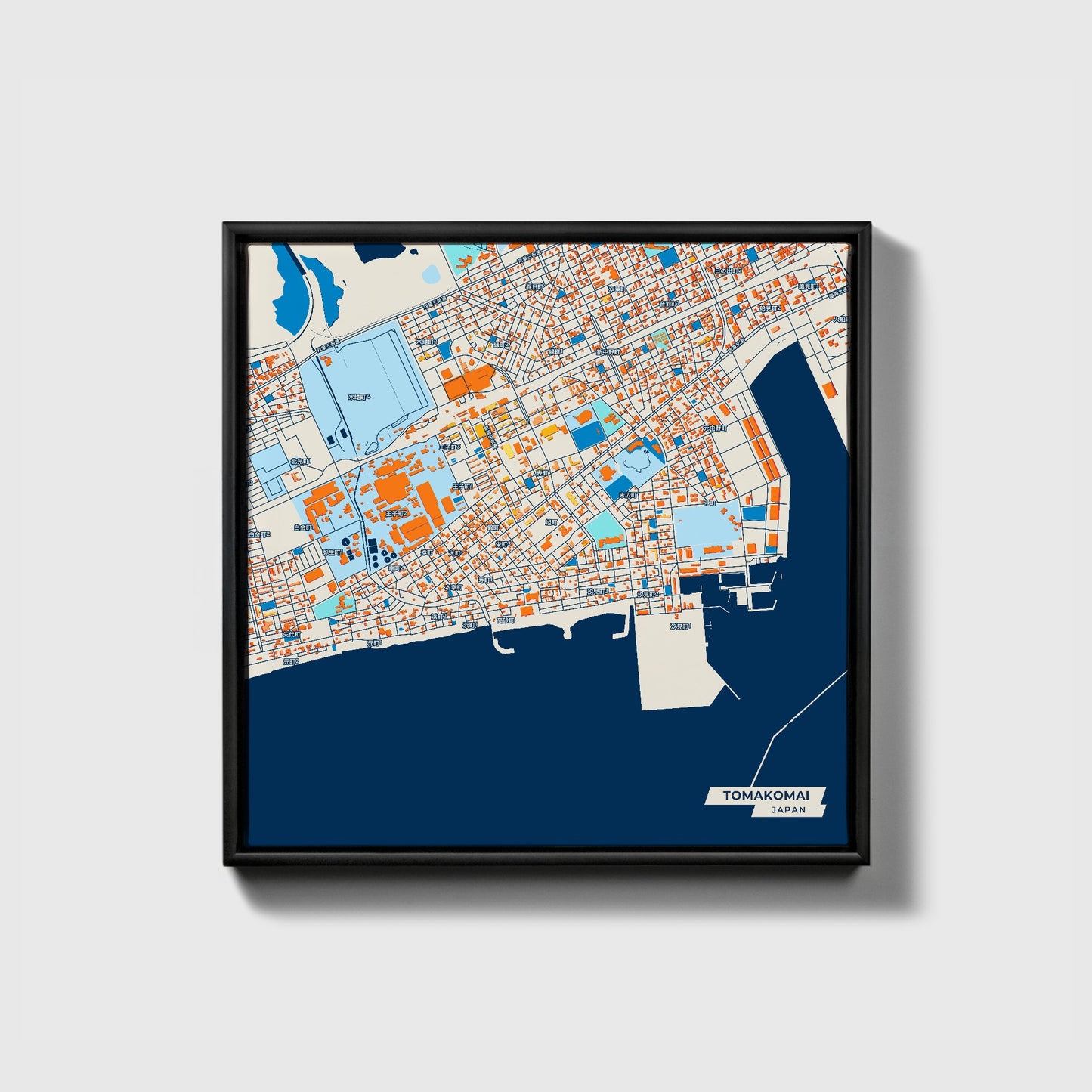 Tomakomai Japan Colorful City Map Canvas Print • Black Framed