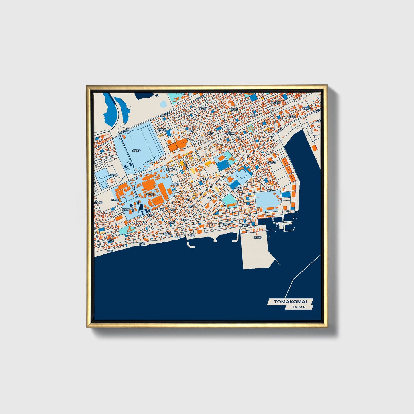 Tomakomai Japan Colorful City Map Canvas Print • Gold Framed