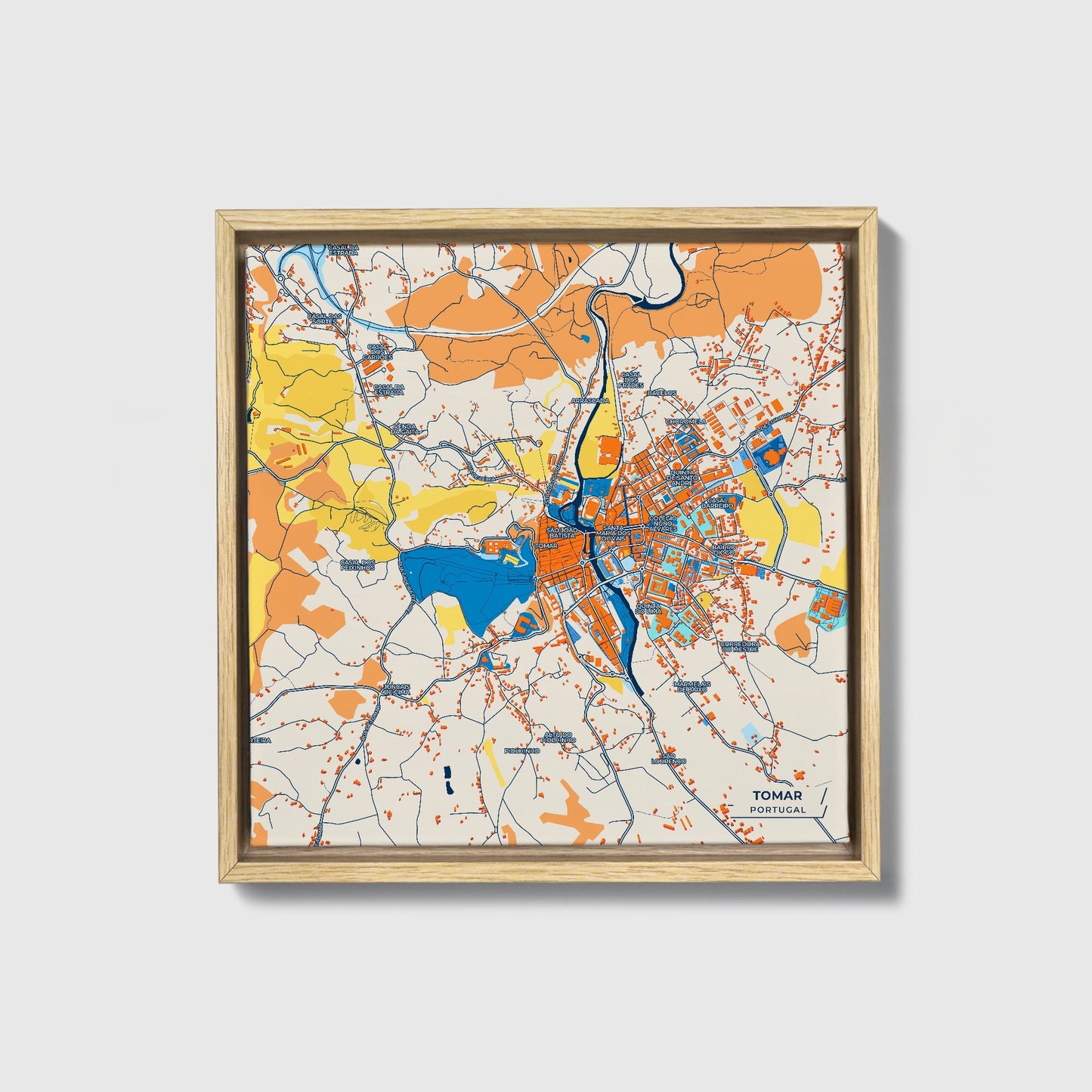 Tomar Portugal Colorful City Map Canvas Print • Natural Wooden Framed