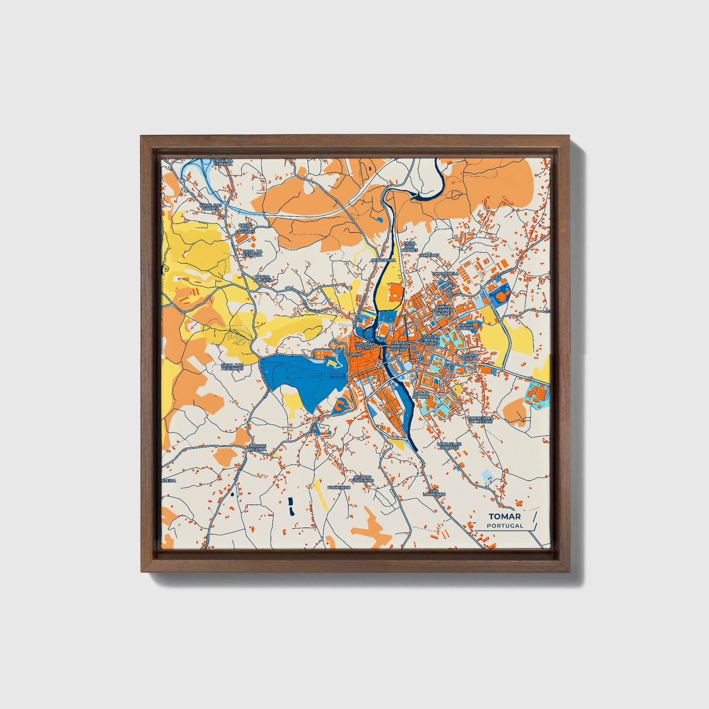 Tomar Portugal Colorful City Map Canvas Print • Dark Wooden Framed