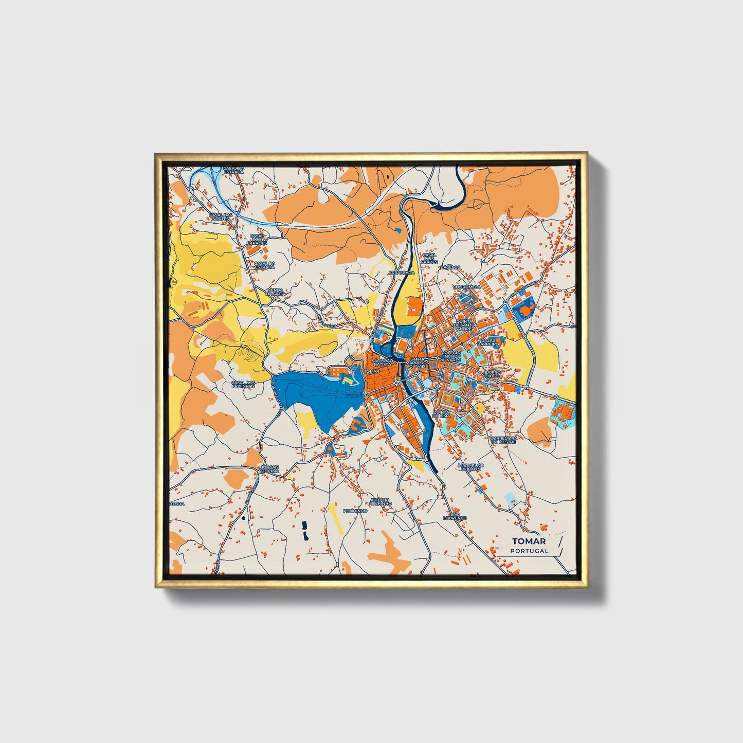 Tomar Portugal Colorful City Map Canvas Print • Gold Framed