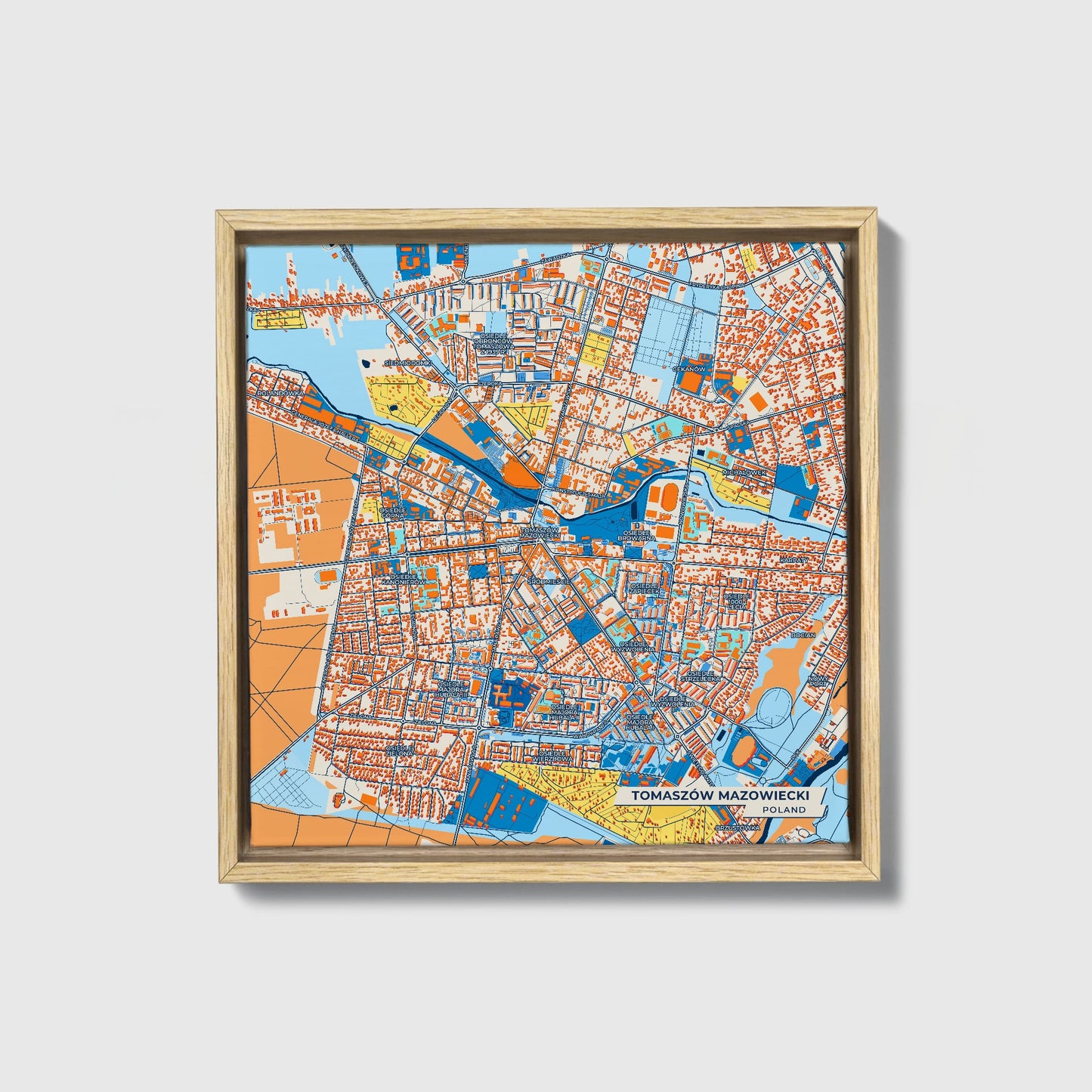 Tomaszów Mazowiecki Poland Colorful City Map Canvas Print • Natural Wooden Framed