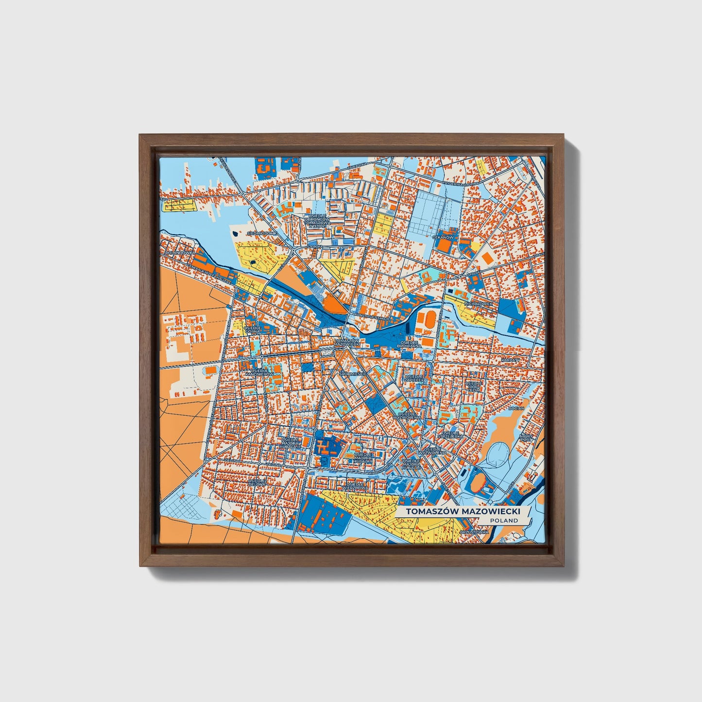 Tomaszów Mazowiecki Poland Colorful City Map Canvas Print • Dark Wooden Framed