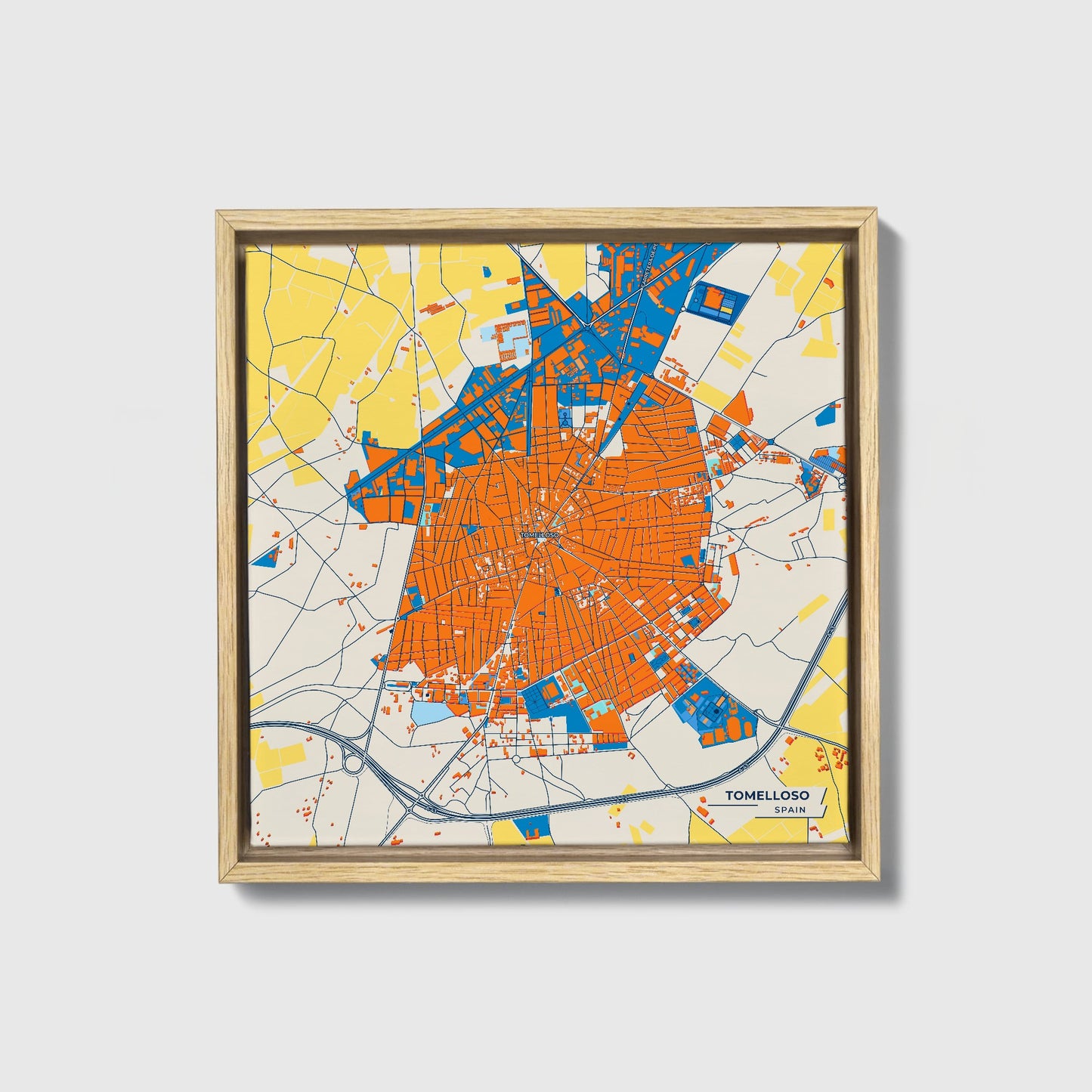 Tomelloso Spain Colorful City Map Canvas Print • Natural Wooden Framed