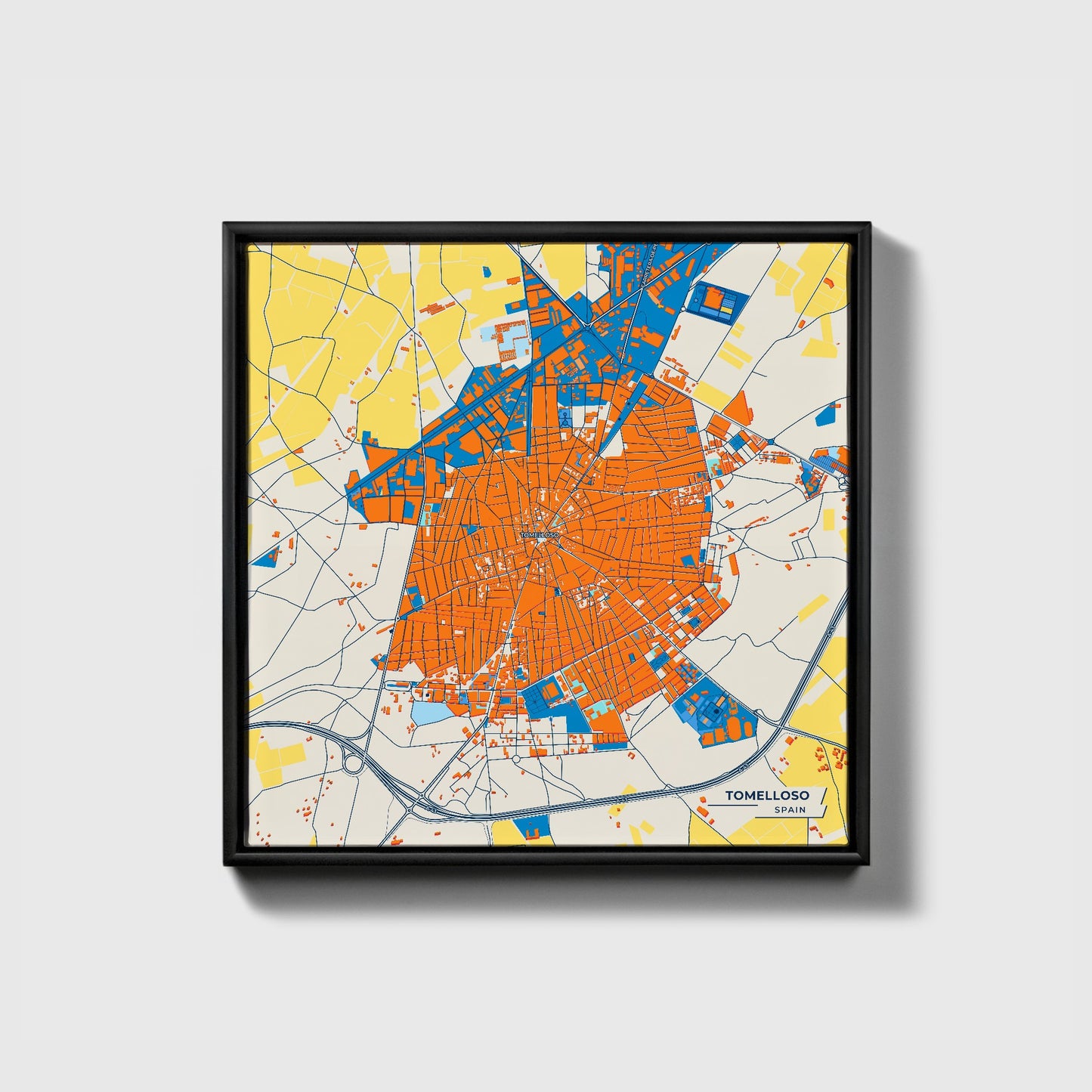 Tomelloso Spain Colorful City Map Canvas Print • Black Framed