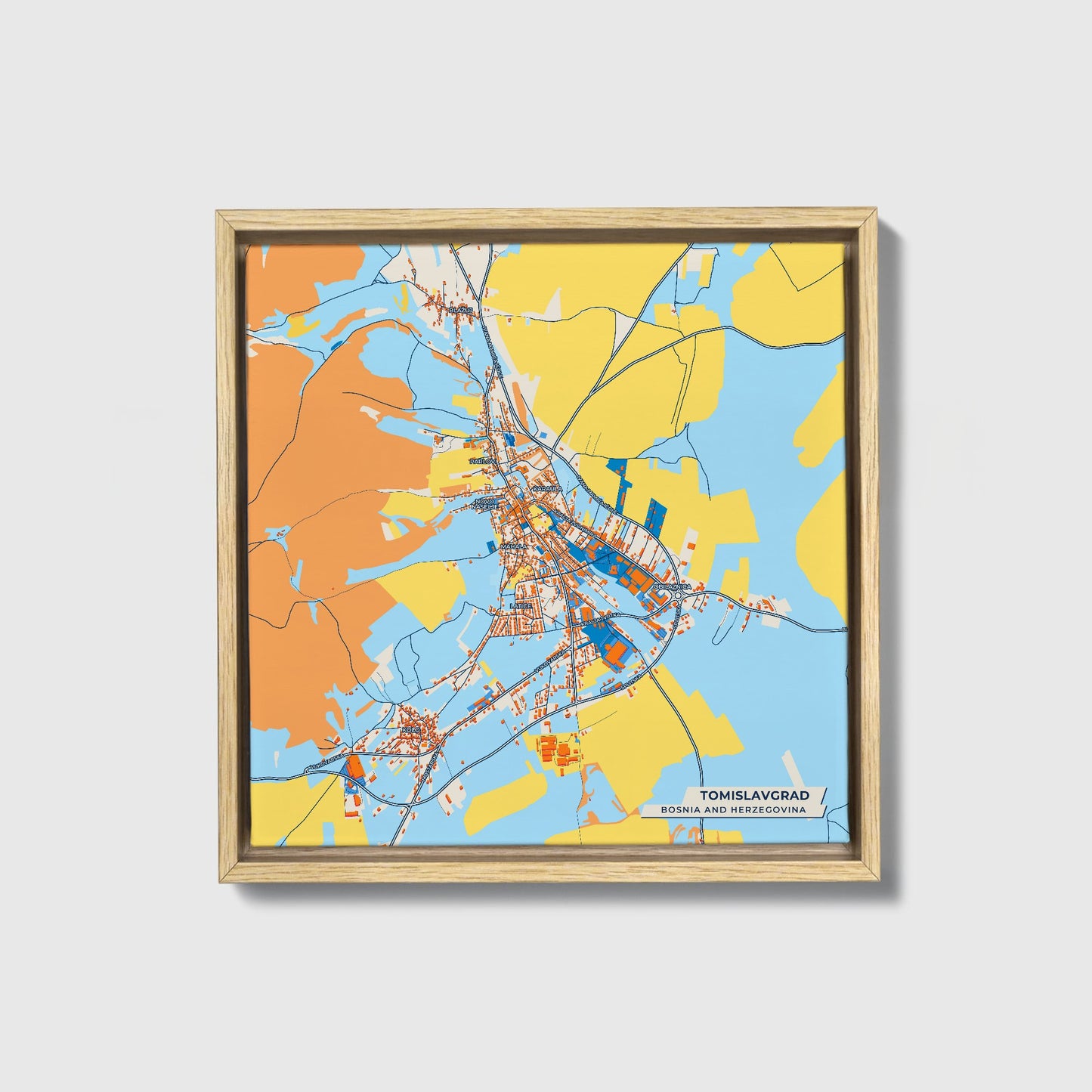 Tomislavgrad Bosnia And Herzegovina Colorful City Map Canvas Print • Natural Wooden Framed