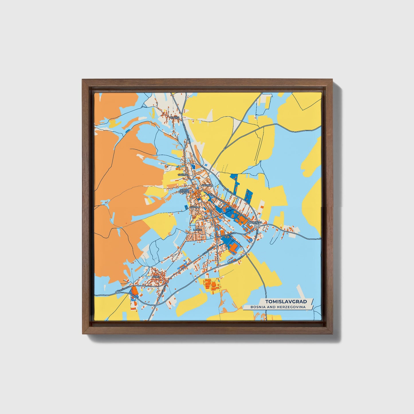 Tomislavgrad Bosnia And Herzegovina Colorful City Map Canvas Print • Dark Wooden Framed