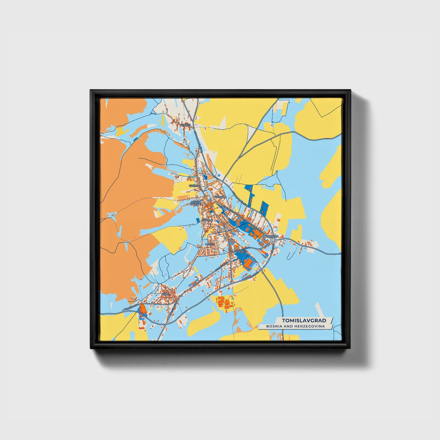 Tomislavgrad Bosnia And Herzegovina Colorful City Map Canvas Print • Black Framed