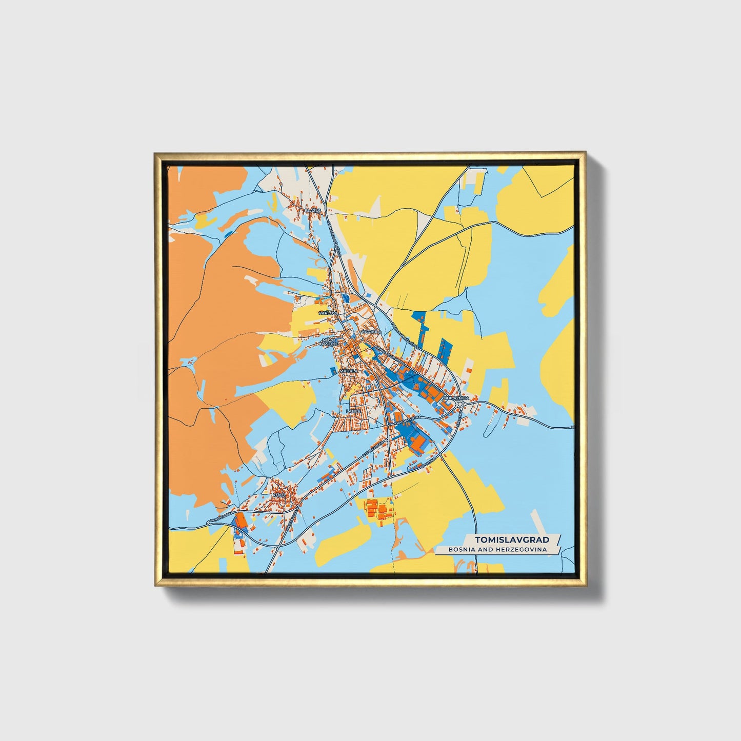 Tomislavgrad Bosnia And Herzegovina Colorful City Map Canvas Print • Gold Framed
