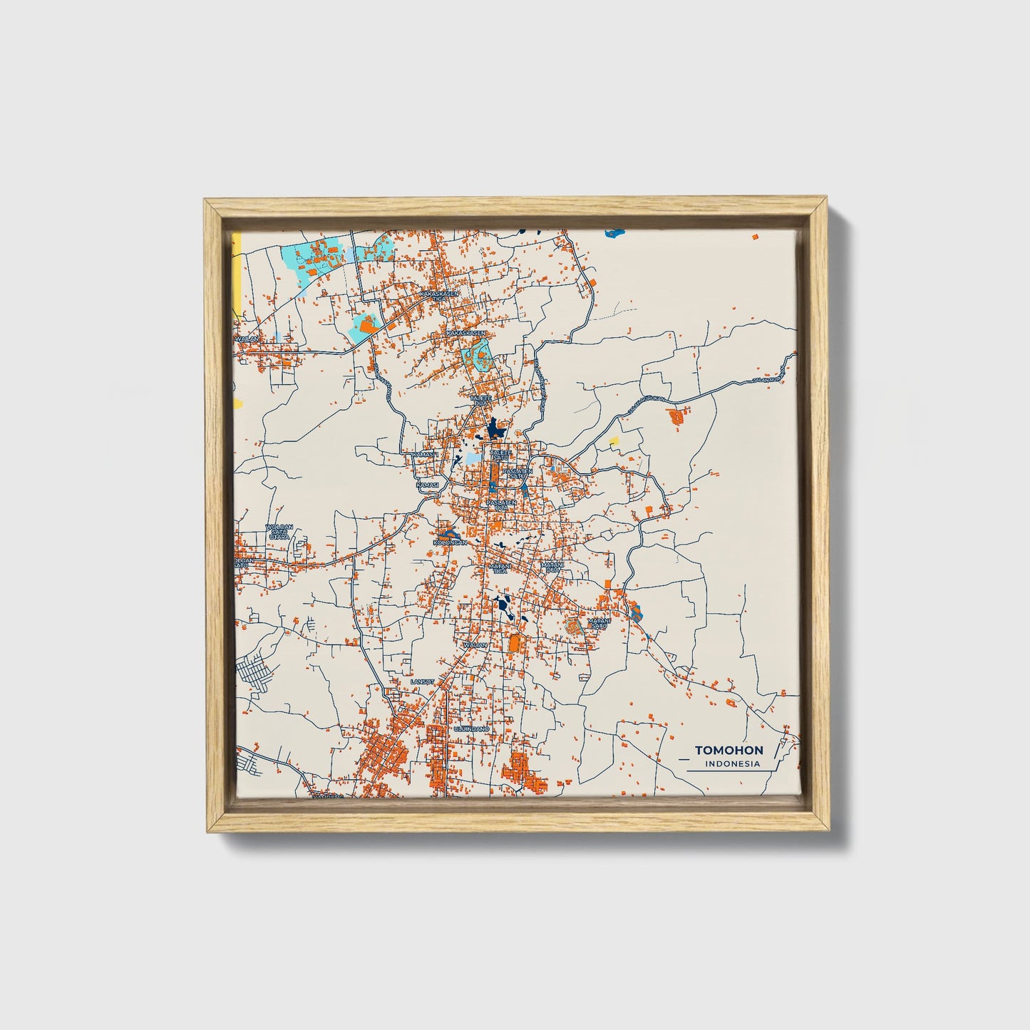 Tomohon Indonesia Colorful City Map Canvas Print • Natural Wooden Framed