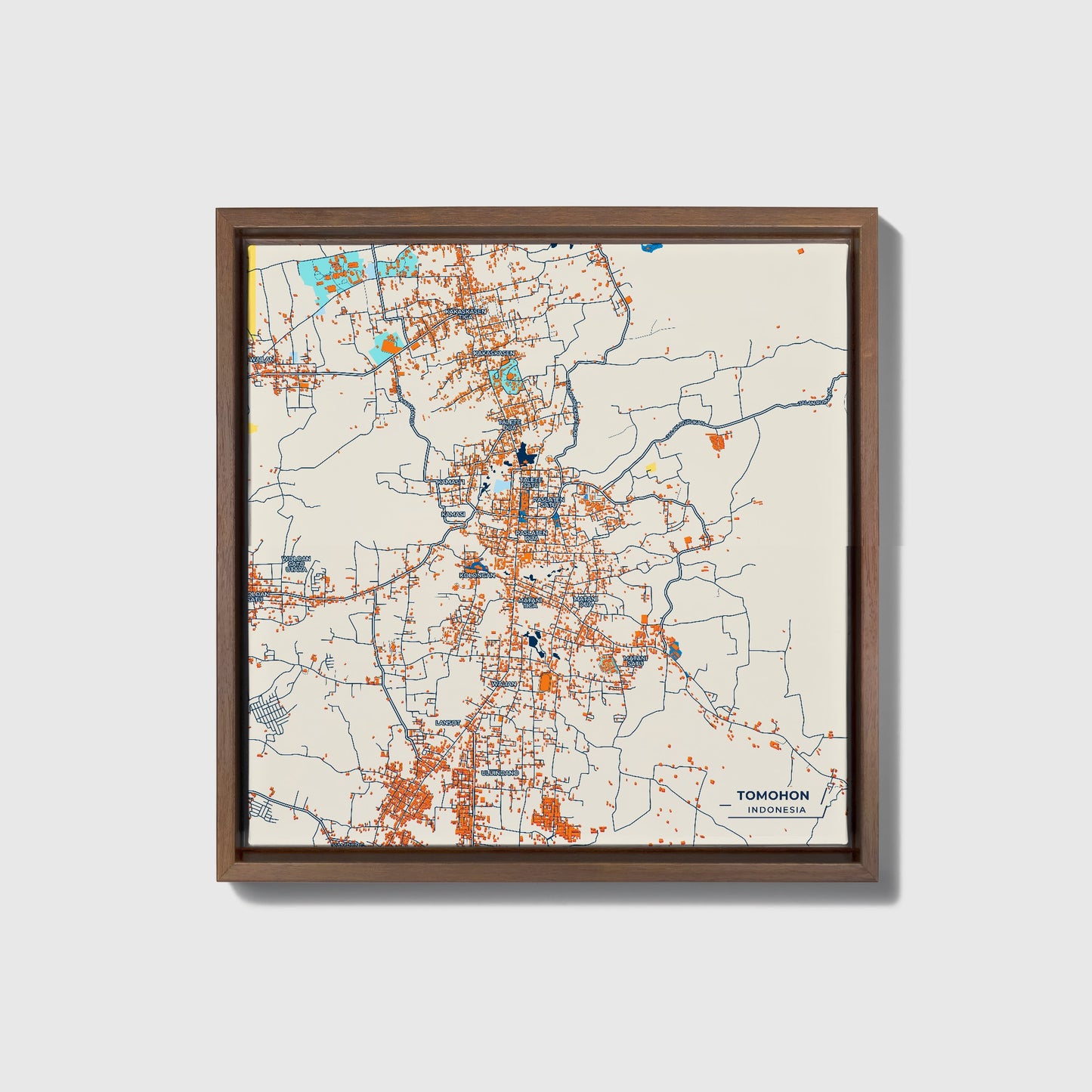 Tomohon Indonesia Colorful City Map Canvas Print • Dark Wooden Framed